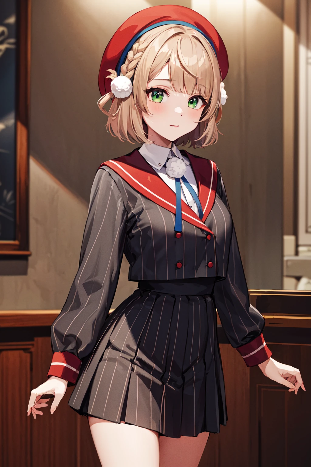 masterpiece, best quality, highres, ui1, 1girl, solo, hair rings, green eyes, pom pom hair ornament, sailor collar, long sleeves, striped jacket, braid, vertical_striped skirt, vertical stripes, beret,, cowboy shot, standing, <lora:shigure_ui_v2:0.6> , cowboy shot,
