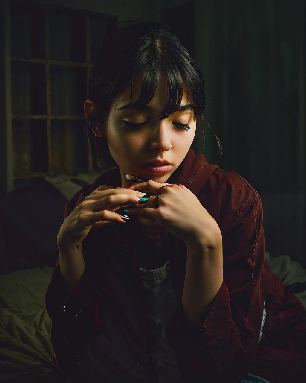 color portrait photograph of a beautiful british woman wearing an oversized hoodie sitting by a window, shadows, studio, dark sci-fi, (dramatic lighting:1.4), <lora:epiNoiseoffset_v2Pynoise:2> <lora:Better Portrait Lighting:0.8>