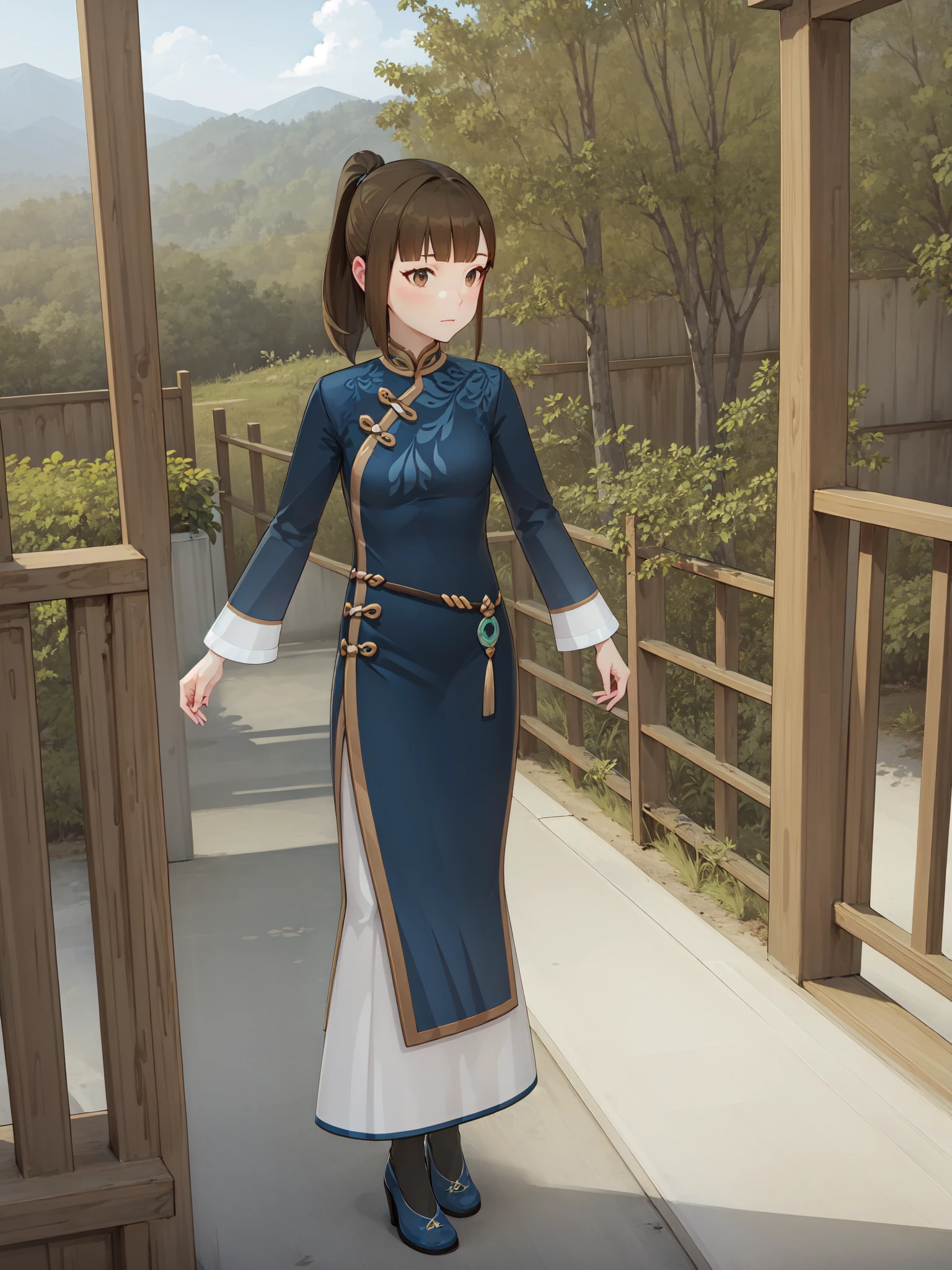 masterpiece, best quality, 1girl, solo, full body, (running:1.2), fields, ponytail, accessory, facing camera, <lora:GenshinNPC_XiaoYu_V4-000008:0.95>, outdoors, ancient china, countryside, green hills, forest,