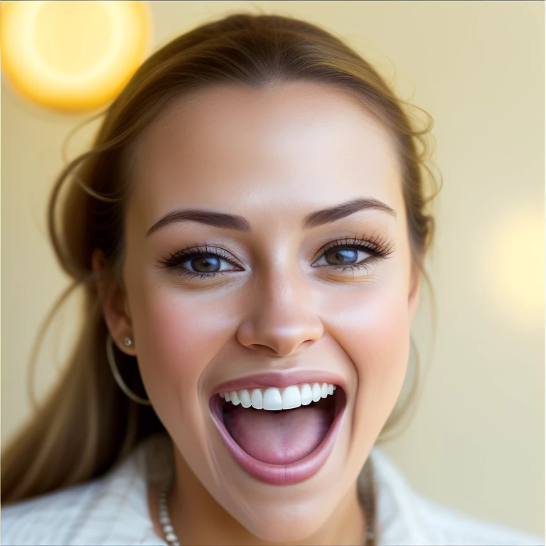 a woman, mouth open, wide smile, happy face, extreme midday sun, toplit, frontlit, cute, seductive, white caucasian, sharp focus, dslr, professional , stunning, very detailed, aesthetic, ultra realistic, wholesome, warm light, low cut blouse, detailed pupils, detailed eyes, golden eyes, very detailed skin, pretty teeth <lora:ftm-v0:1>