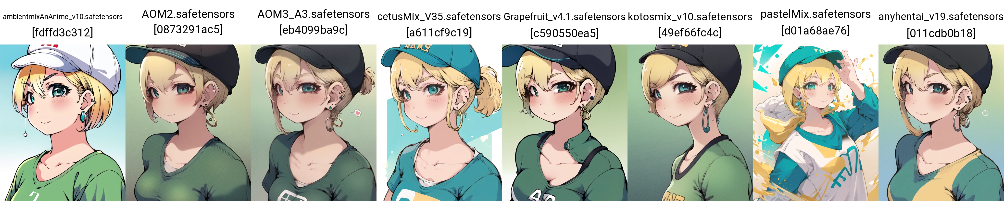 (masterpiece, absurdres, :1.2), best quality,1girl, aqua_background, aqua_eyes, aqua_shirt, bangs, baseball_cap, blonde_hair, closed_mouth, collarbone, ear_piercing, earphones, earrings, eyebrows_visible_through_hair, gradient, gradient_background, green_background, green_shirt, hair_between_eyes, hat, hoop_earrings, jewelry, looking_at_viewer, piercing, shirt, short_hair, short_sleeves, smile, solo, stud_earrings, upper_body, yellow_shirt,  <lora:IbukichiStyle-20:1>