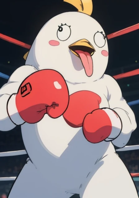 masterpiece, best quality, no humans, animal, peroro, fat white bird, long tongue, <lora:PeroroSama_v9-000006:1.0>, in a boxing ring, wearing boxing gloves,