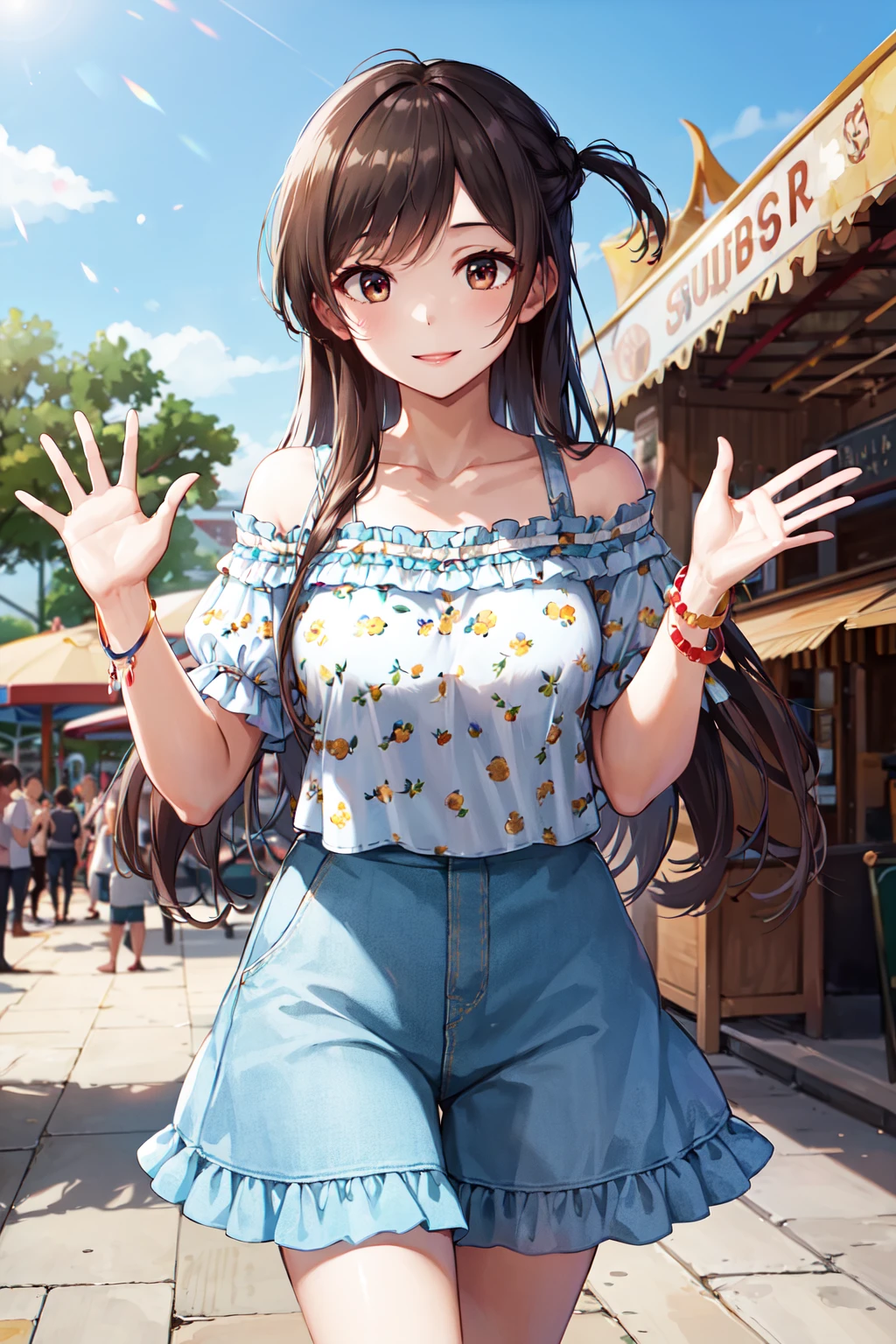 masterpiece, best quality, highres, chi1, 1girl, long hair, one side up, solo, bracelet, bangs, bare shoulders, blue shirt, floral print, short sleeves, off-shoulder shirt, frills, blue skirt, <lora:mizuhara_chizuru_v2:0.6>, amusement park, waving, smile,