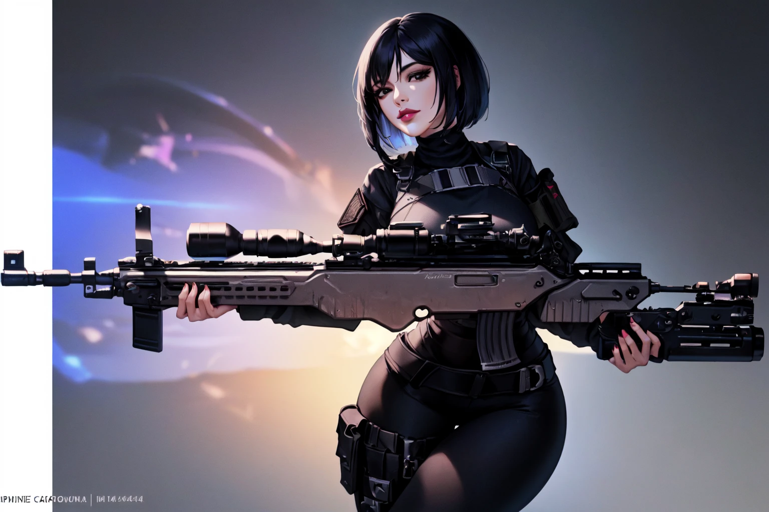 SLE, mksks style, best quality, masterpiece, detailed background, highly detailed, intricate, detailed face, long eyelashes, detailed eyes, (full body:1.3), (thick thighs:1.0), (medium breasts:1.2), (narrow_waist:1.4), (futuristic city, science fiction:1.3),
(one girl, 1girl:1.1), (solo:1.3), (black eyes:1.2), (black hair:1.1), (bob cut:1.2), (thick_lips:1.4),
(black tactical clothes, black pants, long sleeves, military clothes, tactical:1.2), (holding, holding_gun:1.0), (m4_carabine:1.4), (rifle:1.1),
(bored:1.3), <lora:BetterGuns-V1:1>