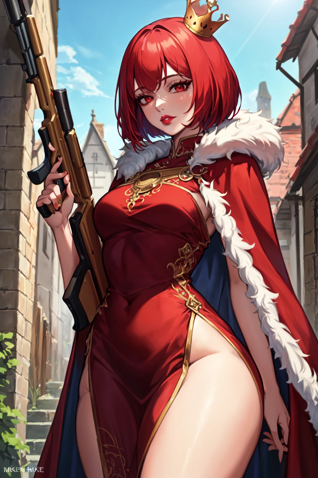 SLE, mksks style, best quality, masterpiece, detailed background, highly detailed, intricate, detailed face, long eyelashes, detailed eyes, (standing:1.1), (cowboy_shot, straight-on:1.3), (thick thighs:1.0), (medium breasts:1.2), (narrow_waist:1.4), (medieval village:1.3),
(one girl, 1girl:1.1), (solo:1.3), (red eyes:1.2), (red hair:1.1), (fur trim), (bob cut:1.2), (thick_lips:1.4),
(red dress, long dress, elegant dress, red cloak, ornate clothes, gold crown:1.2), (holding, holding_gun:1.0), (shotgun:1.3),
(bored:1.3), <lora:BetterGuns-V1:1>