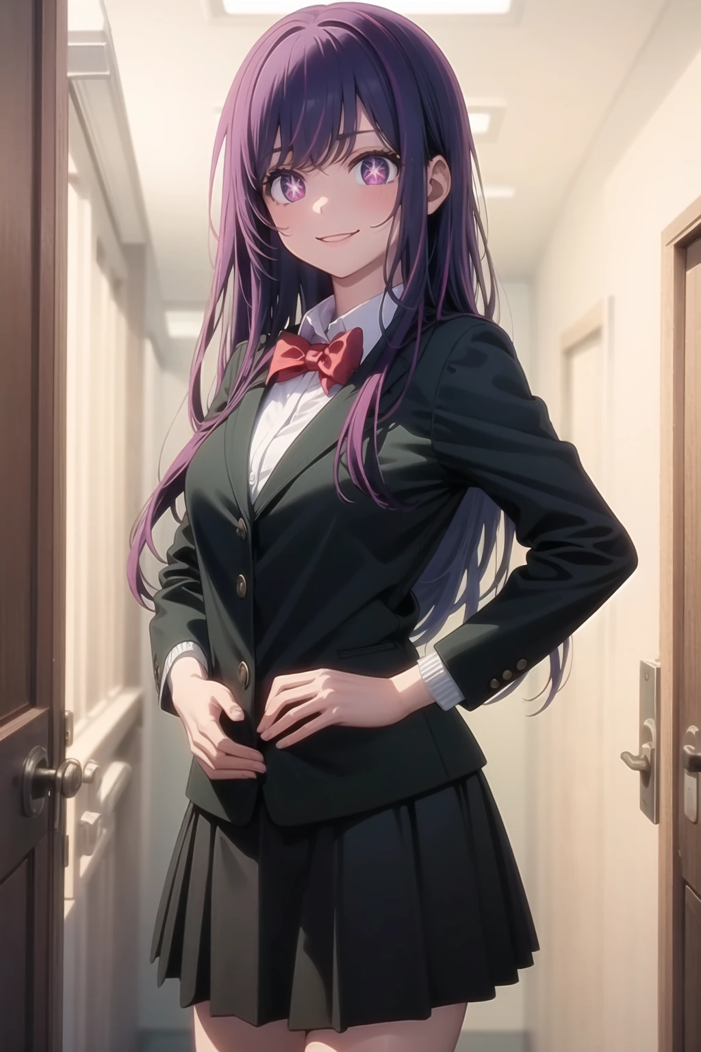 <lora:hoshino_ai_v0.1a:1>
hoshino ai, school uniform, green jacket, red bowtie, smile, happy, black skirt, hallway,, masterpiece, best quality, highly detailed