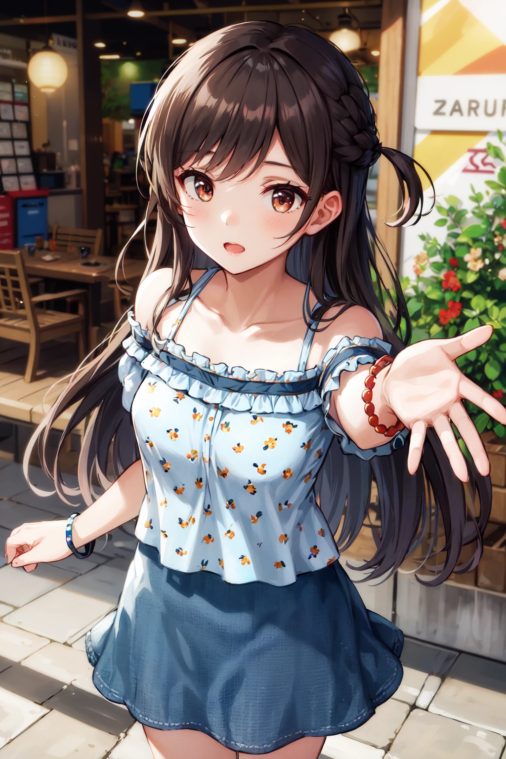 masterpiece, best quality, highres, chi1, 1girl, long hair, one side up, solo, bracelet, bangs, bare shoulders, blue shirt, floral print, short sleeves, off-shoulder shirt, frills, blue skirt, <lora:mizuhara_chizuru_v2:0.6>, reaching out,