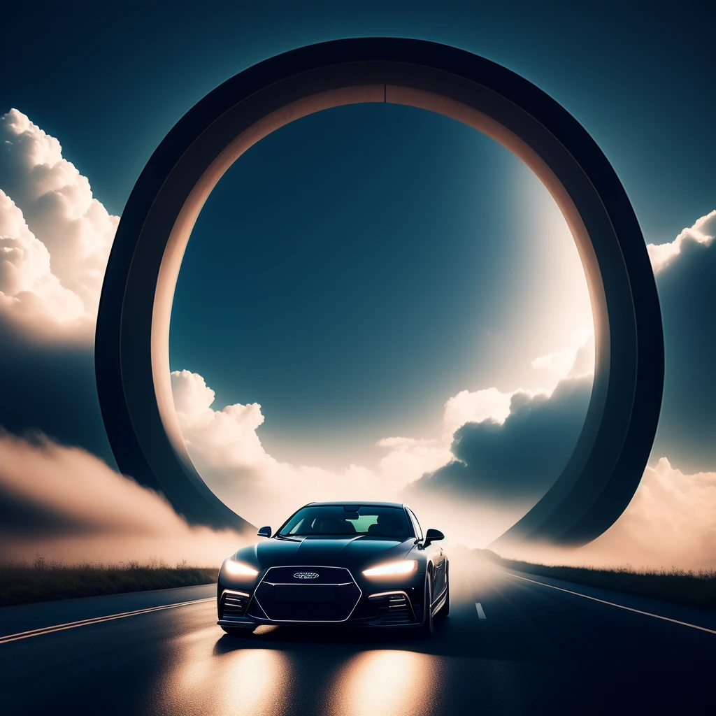 photo, TimeCar style a black car driving through a tunnel with clouds in the background <lora:JohnsonDesu-Zenkai-256:1>