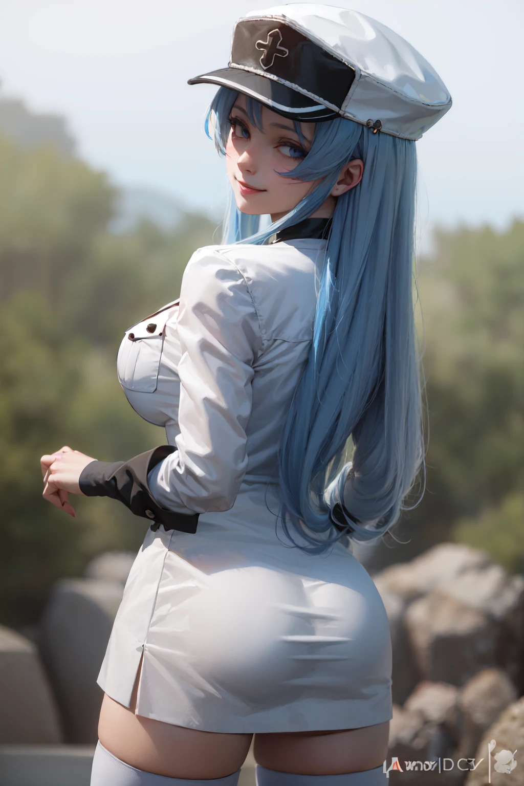 (masterpiece, best quality:1.2), <lora:agk_charpack-10:1.0>, from behind, solo, 1girl, esdeath, smile, looking back, long blue hair, white peaked cap, blue eyes, white military uniform, long sleeves, white thighhighs, choker, large breasts