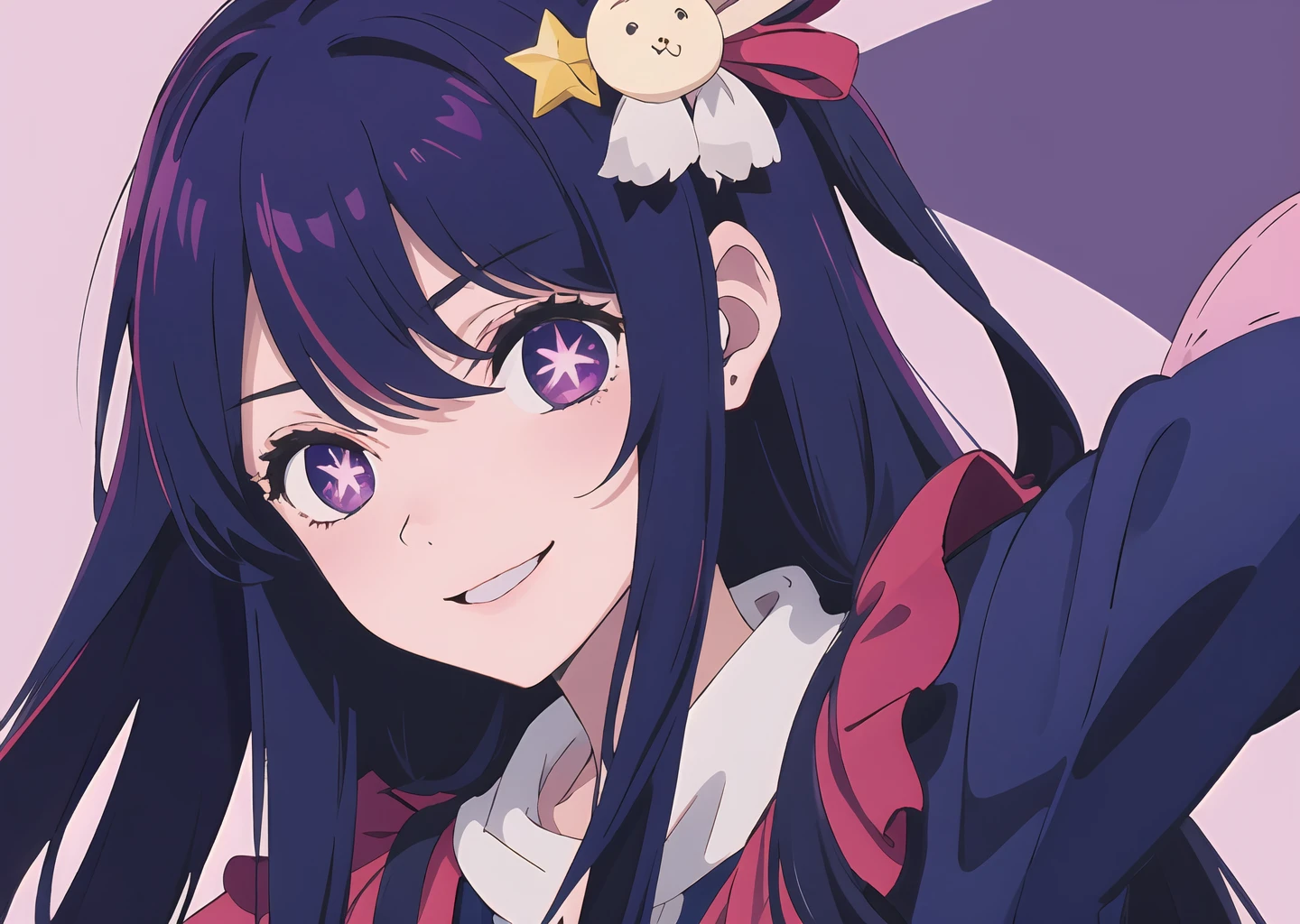 (masterpiece, best quality), 1girl, Hoshino Ai, long purple hair, purple eyes, star-shaped pupils, hair ornament, smile <lora:hoshinoAiOshiNoKo_v90:0.9>