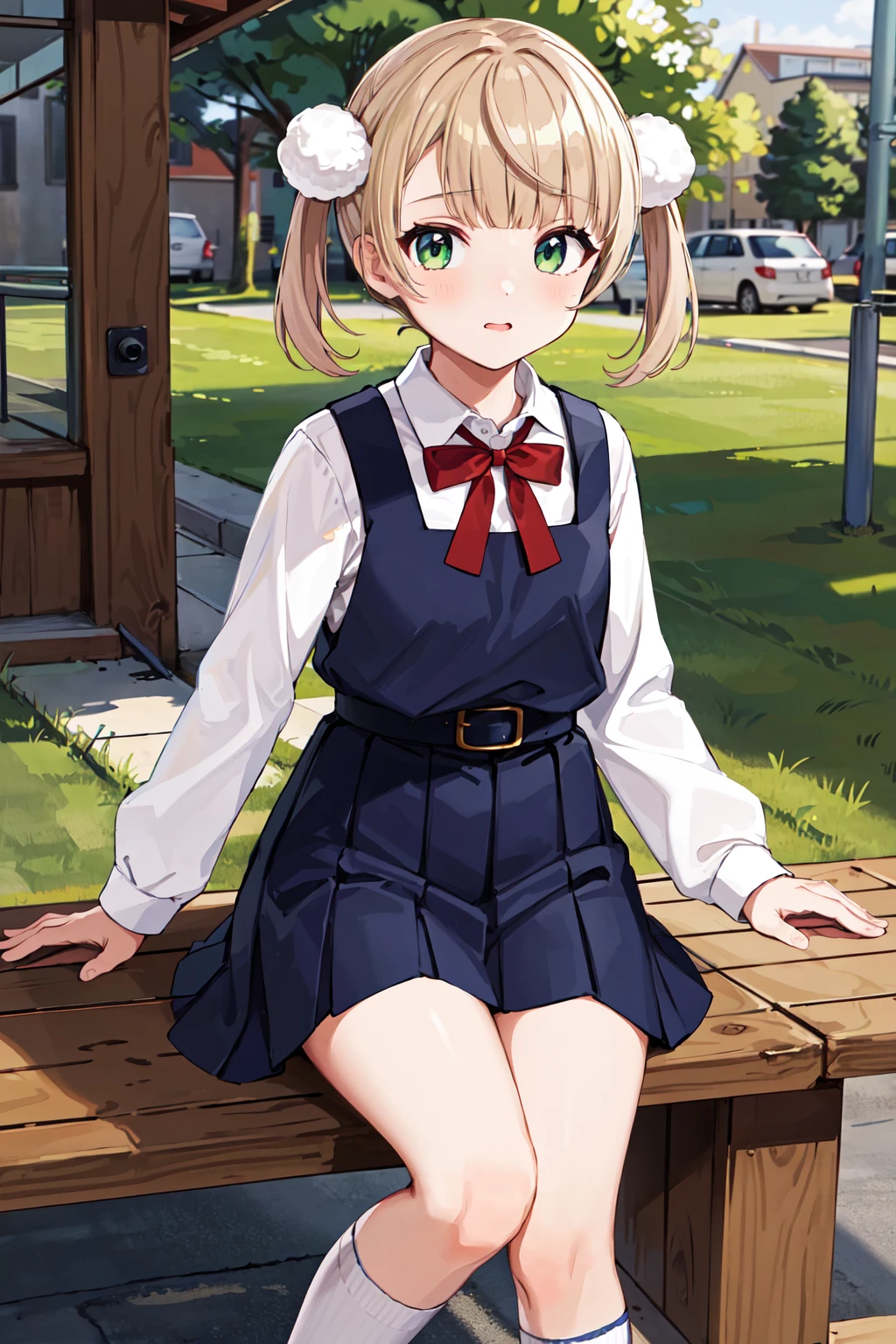 masterpiece, best quality, highres, ui3, 1girl, solo, green eyes, pom pom \(clothes\), pinafore dress, white shirt, white socks, long sleeves, aged down, short hair, belt, red bowtie, bangs, school uniform, blue dress, collared shirt, <lora:shigure_ui_v2:0.6>, outdoors,