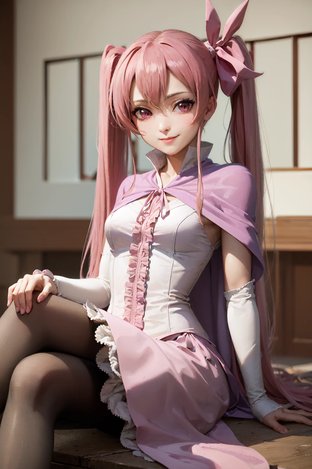 (masterpiece, best quality:1.2), <lora:agk_charpack-10:1.0>, mine \(akame ga kill!\), smile, looking at viewer, sitting, crossed legs, long pink hair, twintails, pink eyes, pink dress, ribbon, capelet, pantyhose