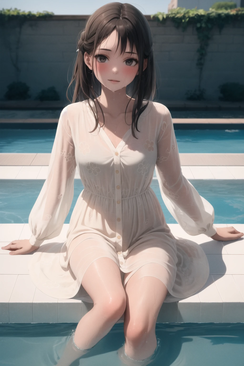 <lora:linen_dress_v0.3a:1>
1girl, linen dress, long sleeves, partially submerged, pool, wet, dress floating on water, buttons, floral pattern,, masterpiece, best quality, highly detailed