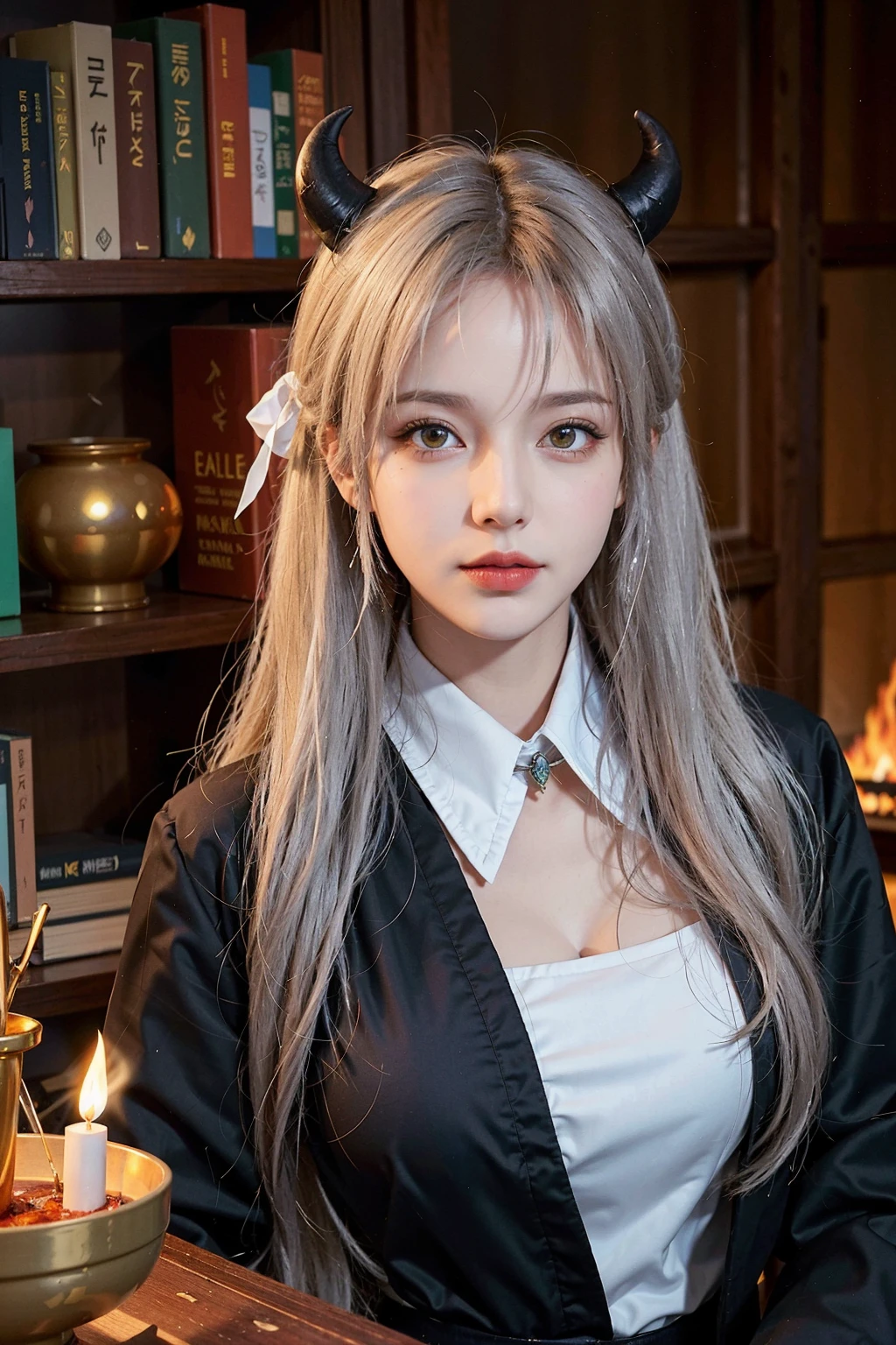 Photorealistic, high resolucion, 1 Girl, ass up, beautidful eyes, White hair, ringed eyes, Collared Shirts,black necktie,Black skirt, pencil skirt, Fur coat,Close-up of a woman with long hair, kwak ji young, Songs inspired by Tang Sin Yun Sandara, female actress from korea, jaeyeon nam, 
Lee Ji-eun, Izzy-silver(Lee Ji - Eun), Korean Woman, Normal number (Sangsoo Jeong), heonhwa choe, beautiful south korean woman, hwang se - on