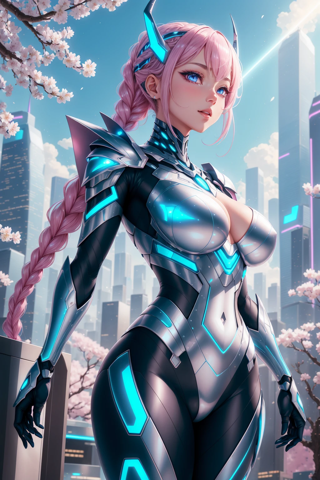 Smooth, metallic armor that covers every inch of the alien's body, with glowing energy shields extending from the shoulders., cute girl, dazzling Cherry blossom pink eyes, hanging breasts, Blue french braid hair, A futuristic city with sleek skyscrapers and flying cars, thick lines, anime style