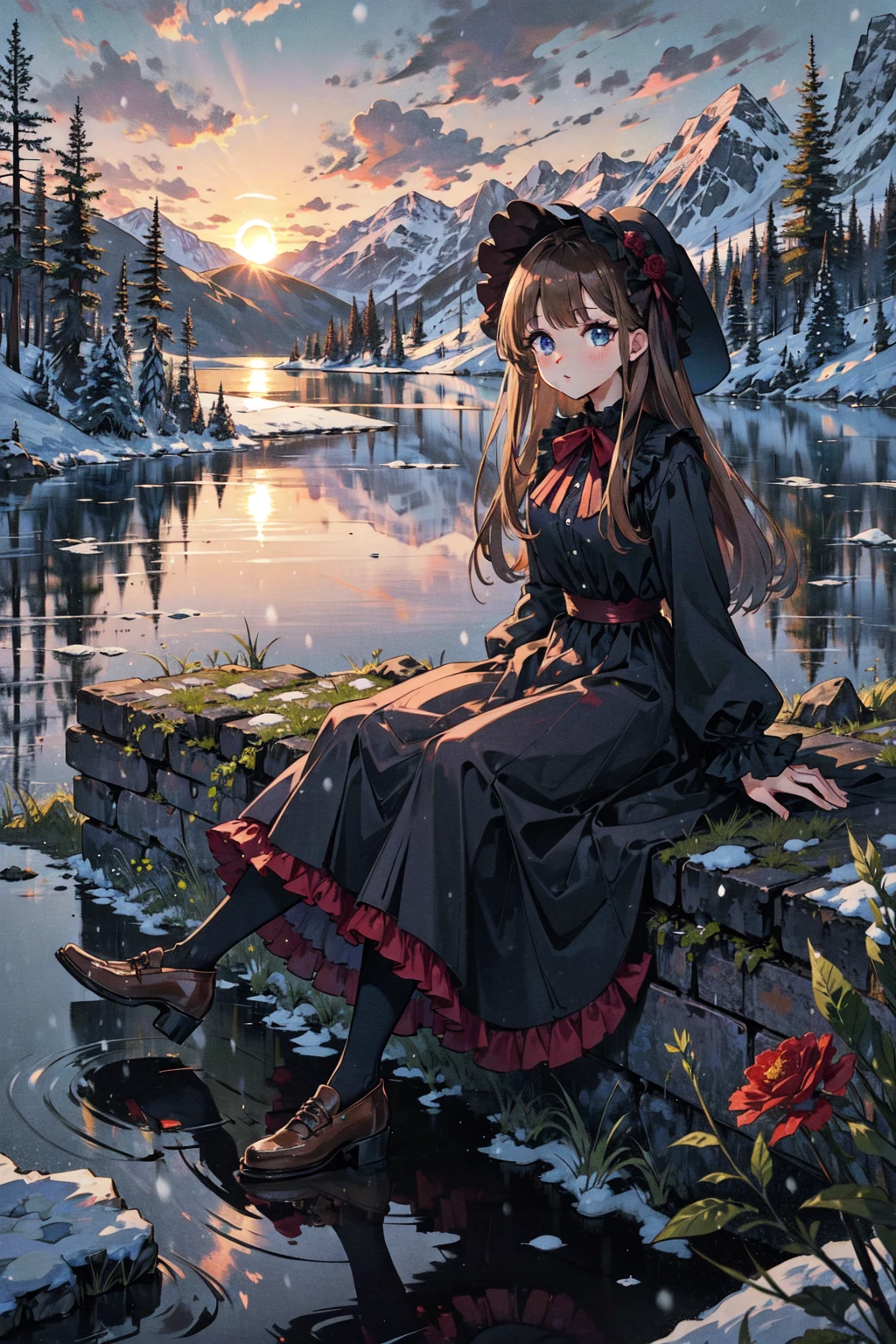 masterpiece, best quality, winter, snow field,
1girl, bangs, blue eyes, blunt bangs, bonnet, brown footwear, brown hair, dress, frills, fruit, full body, hat, long hair, long sleeves, looking at viewer, pantyhose, purple dress, red flower, red rose, rose, shoes, sitting, solo,
sky, sun, mountain, forest, lake,
