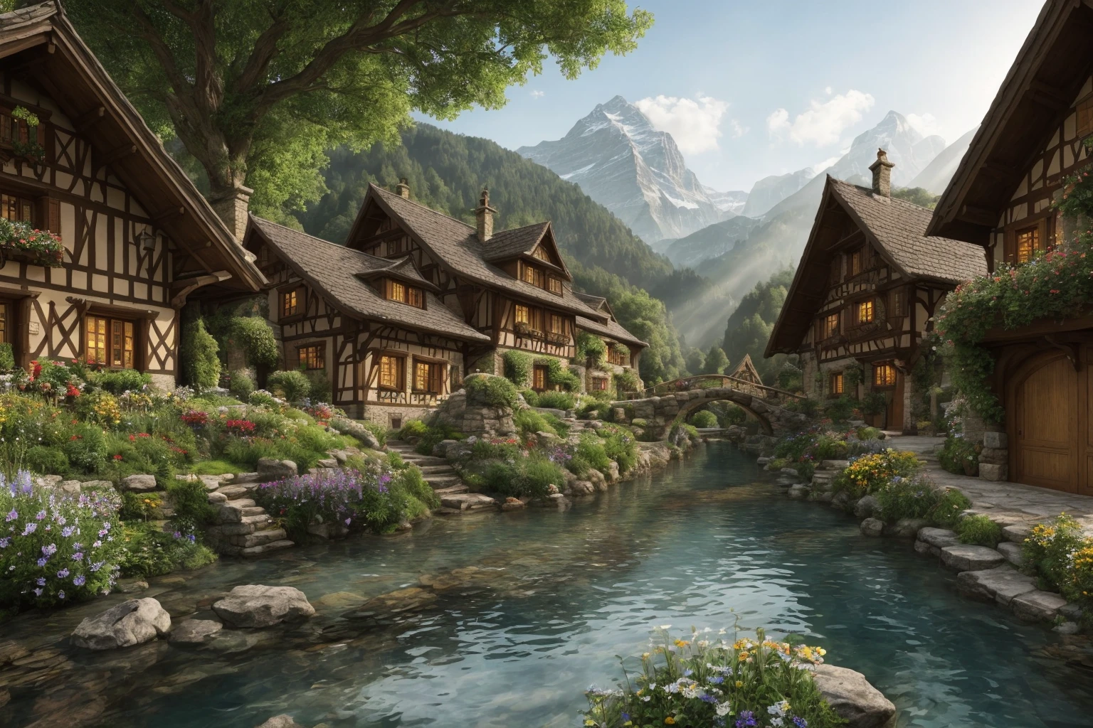 the hobbit, tolkien, a medieval village in switzerland with river and pool, ornate, beautiful, atmosphere, vibe, flowers, volumetric lighting, sunbeams, particles, oversaturate, intricate, volumetric lighting, beautiful, rich deep colors masterpiece, sharp focus, perfect composition, intricate detailed perfect composition, beautiful detailed intricate insanely detailed, cinematic perfect light, chiaroscuro, masterpiece
