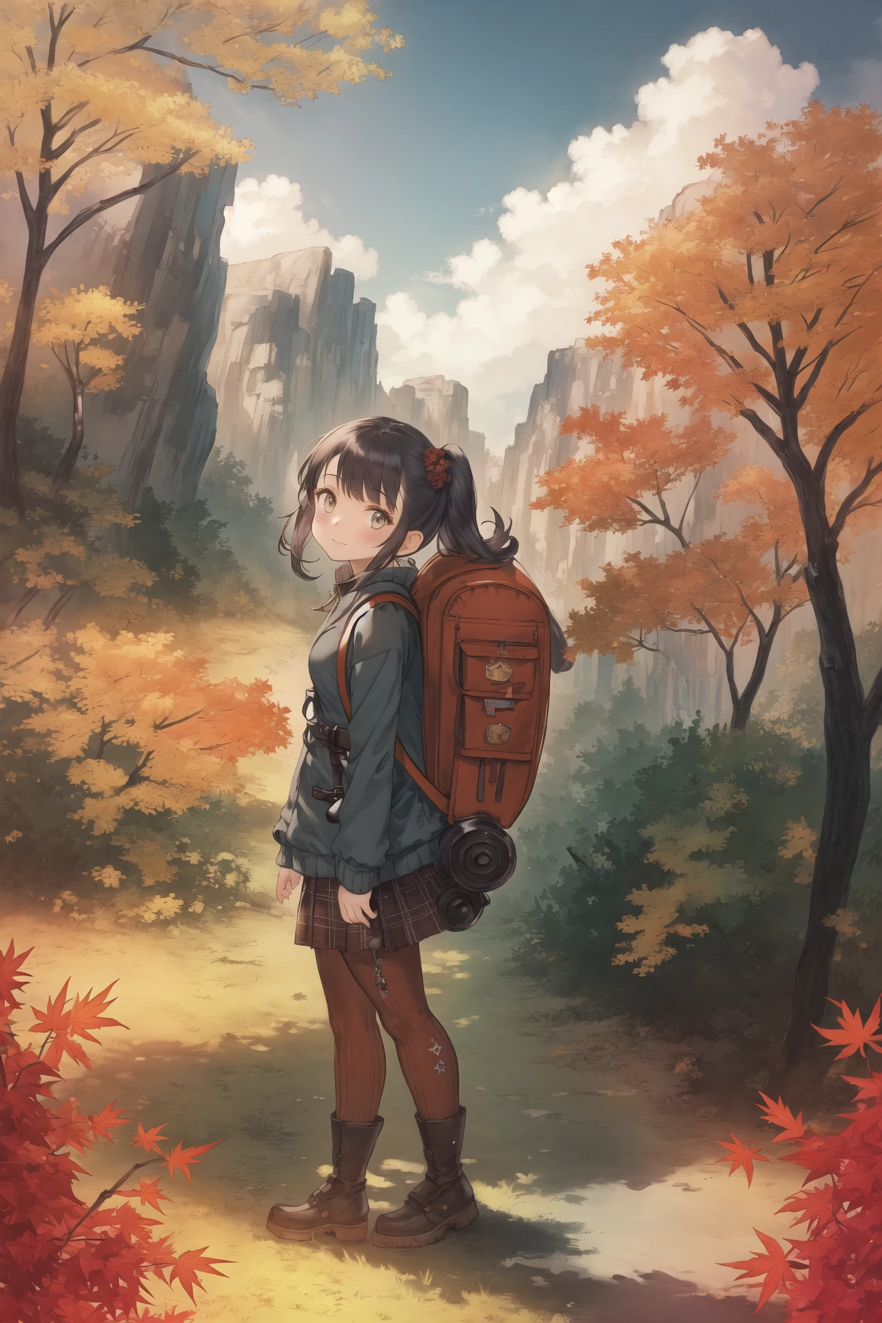 masterpiece,best quality, 1girl,autumn,outdoors,adventurer,backpack,landscape,face,