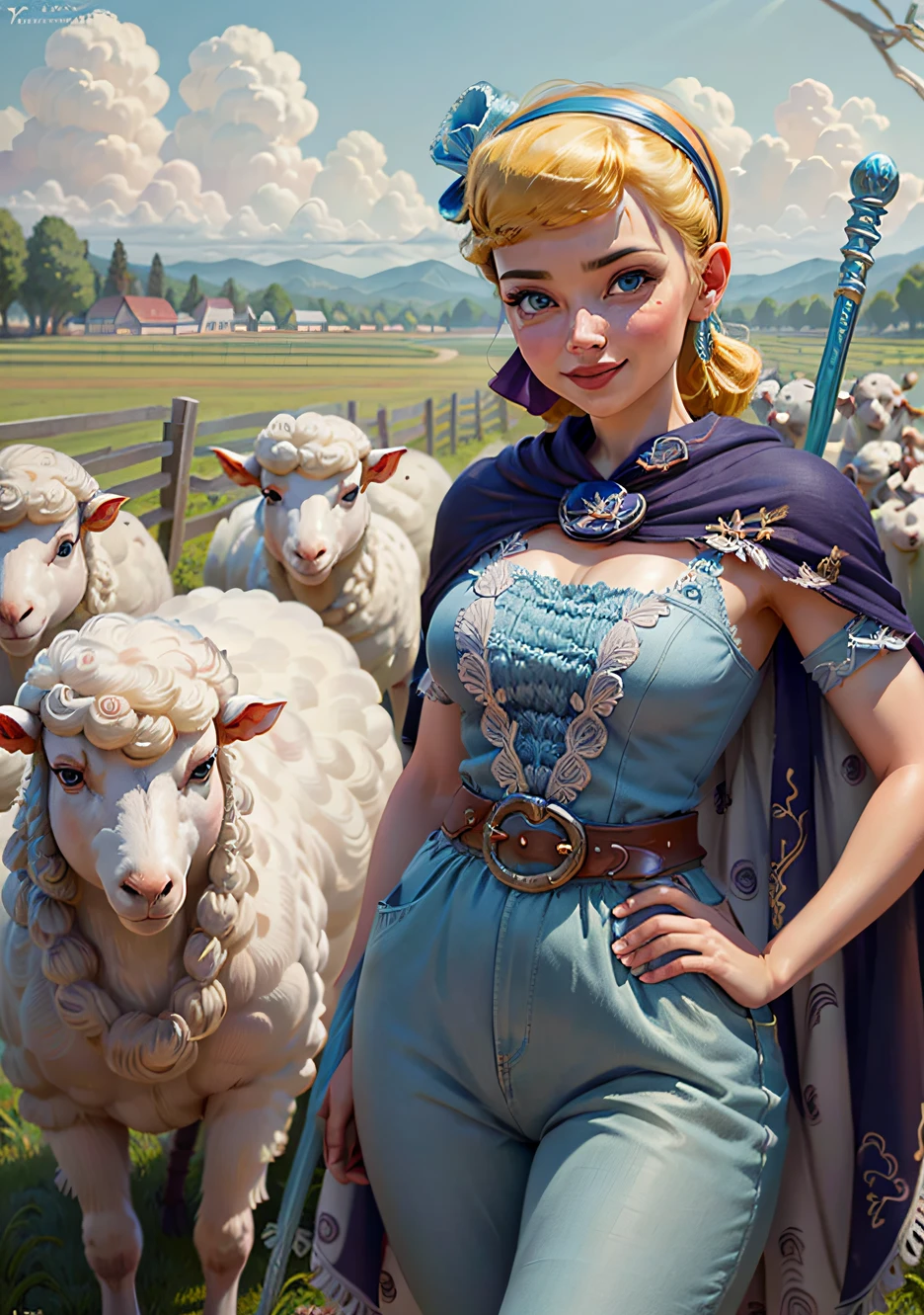 (BoPeepWaifu:1), smile, cute, cute pose, looking at viewer, thick thighs, :D, (blue dress, pants, hairband, cape, staff:1.2),
(realistic:1.2), (realism), (masterpiece:1.2), (best quality), (ultra detailed), (8k, 4k, intricate),(full-body-shot:1),(Cowboy-shot:1.2), (85mm),light particles, lighting, (highly detailed:1.2),(detailed face:1.2), (gradients), sfw, colorful,(detailed eyes:1.2),
(detailed ladscape, farm, fence, plants, flowers, sheeps:1.2),(detailed background),detailed landscape, (dynamic angle:1.2), (dynamic pose:1.2), (rule of third_composition:1.3), (Line of action:1.2), wide shot, daylight, solo,
<lora:BoPeep_character-20:0.6>