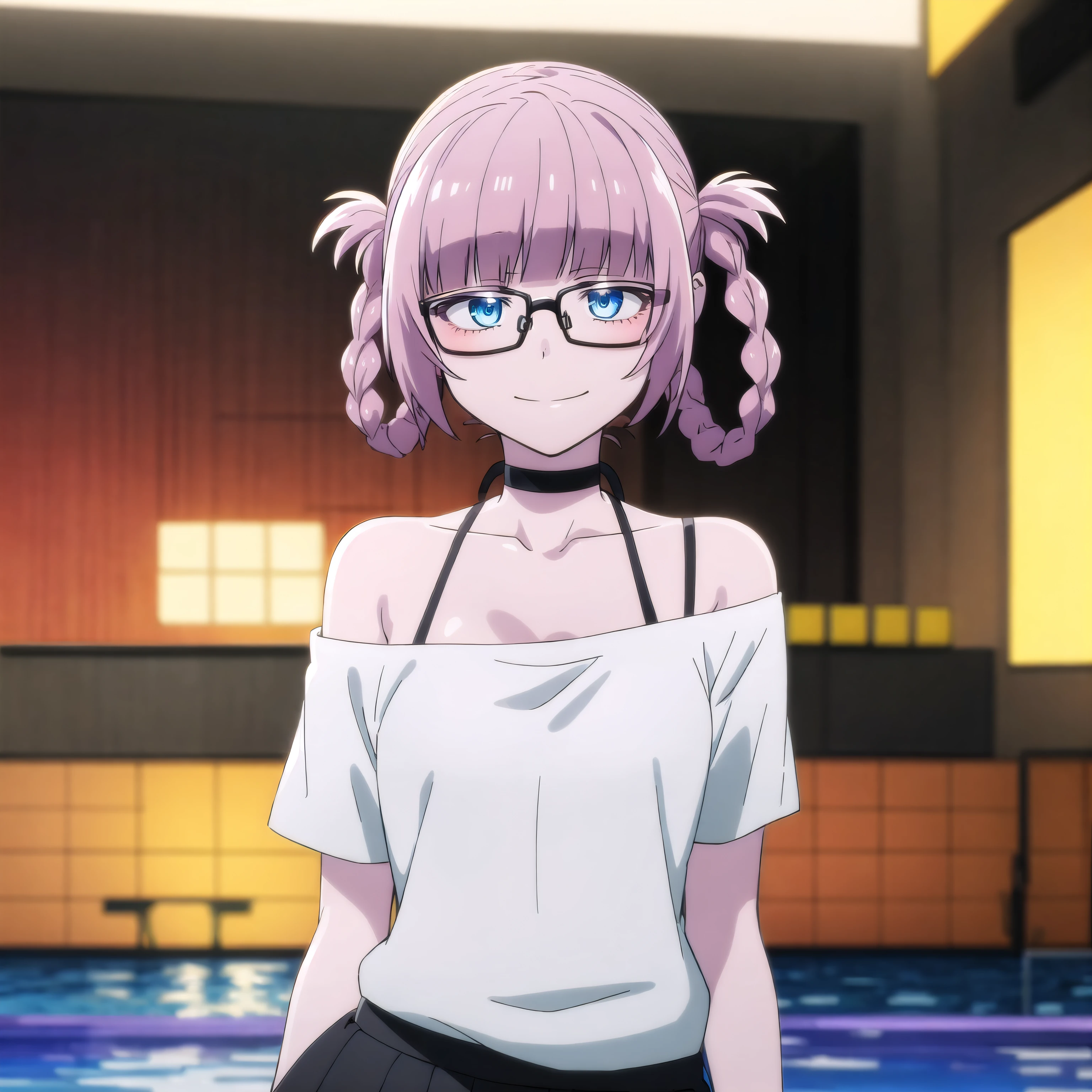 best quality, (masterpiece:1.2), night, anime style, highly detailed, pool, starry sky,
1girl, solo, <lora:chara_YofukashiNoUta_Nazuna_v2_0:0.6>, nanakusa nazuna, standing, from angle, smile, closed mouth, looking at the viewer, small breasts, leaning front, nsfw, upper body,
pink hair, hair rings, braid, blue eyes, ring eyes, glasses, black choker, white shirt, black skirt, off-shoulder shirt, short sleeves, shirt over skirt, <lora:style_animeScreenshotLikeStyleMixLora_v10:0.3>