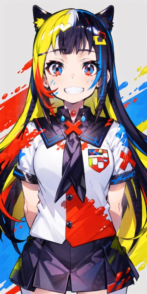 1girl, solo, gradient hair, multicolored hair, streaked hair, print hair, looking at viewer, upper body, school uniform, arms behind back, grin, multicolored eyes, splashing, paint splatter, paint splatter on face, multicolored background, hair flower,x,hairclip, background text, colorful, <lora:mika_locon_v3l:1>