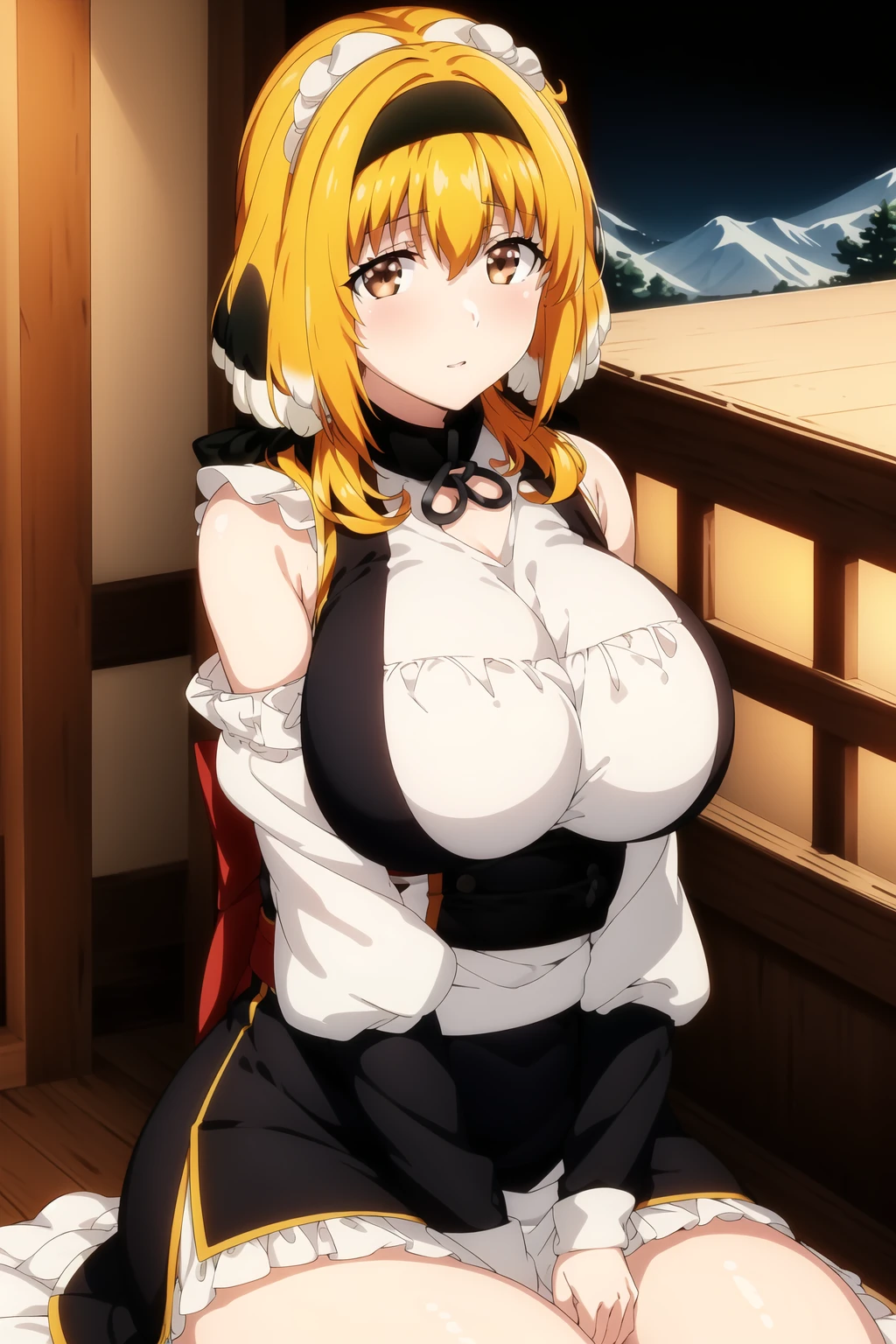 地点：(Night:1.7), in front of a mountain range with a wooden cabin in the background,blue_sky,
动作：sitting at attention,sitting on couch,
服饰：puffy_sleeves, Black_white_uniform, maid headdress, maid apron,
角色：<lora:roxanneIsekaiMeikyuuDe_10:0.3>,<lora:roxanneisekai-V1:0.7>,
头发：blonde hair,long_hair,hairband,bangs, brown_eyes,
角色鎖定：
1 girl, Manga,20yo,mature female,Beautiful Finger,Beautiful long legs,Beautiful body,Beautiful Nose,Beautiful character design, perfect eyes, perfect face,
眼神表情：
looking at viewer, (innocent_big_eyes:1.0),(Light_smile:0.7)
畫質:
official art,extremely detailed CG unity 8k wallpaper, perfect lighting,Colorful, Bright_Front_face_Lighting,
(masterpiece:1.0),(best_quality:1.0), ultra high res,4K,ultra-detailed,
photography, 8K, HDR, highres, absurdres:1.2, Kodak portra 400, film grain, blurry background, bokeh:1.2, lens flare, (vibrant_color:1.2)
身材:
(Beautiful,large_Breasts:1.4), (beautiful_face:1.5),(narrow_waist),
Negative prompt: EasyNegative, bad-artist-anime, bad-hands-5, lowres, bad anatomy, bad hands, text, error, missing fingers, extra digit, fewer digits, cropped, jpeg artifacts, signature, watermark, username, blurry, out of focus, censorship, Missing ??????, Blurry faces, Blank faces, bad face, Ugly, extra ear, amputee, missing hands, missing arms, missing legs, Extra fingers, 6 fingers, Extra feet, Missing nipples, ghost, futanari, Extra legs, Extra hands, panties,pants, (painting by bad-artist-anime:0.9), (painting by bad-artist:0.9), text, error, blurry, jpeg artifacts, cropped, normal quality, artist name, (worst quality, low quality:1.4),
Steps: 27, Sampler: Euler a, CFG scale: 7, Seed: 4190625019, Size: 512x768, Model hash: 3e9211917c, Model: yesmix_v16Original, Denoising strength: 0.5, Hires upscale: 2, Hires steps: 18, Hires upscaler: R-ESRGAN 4x+ Anime6B