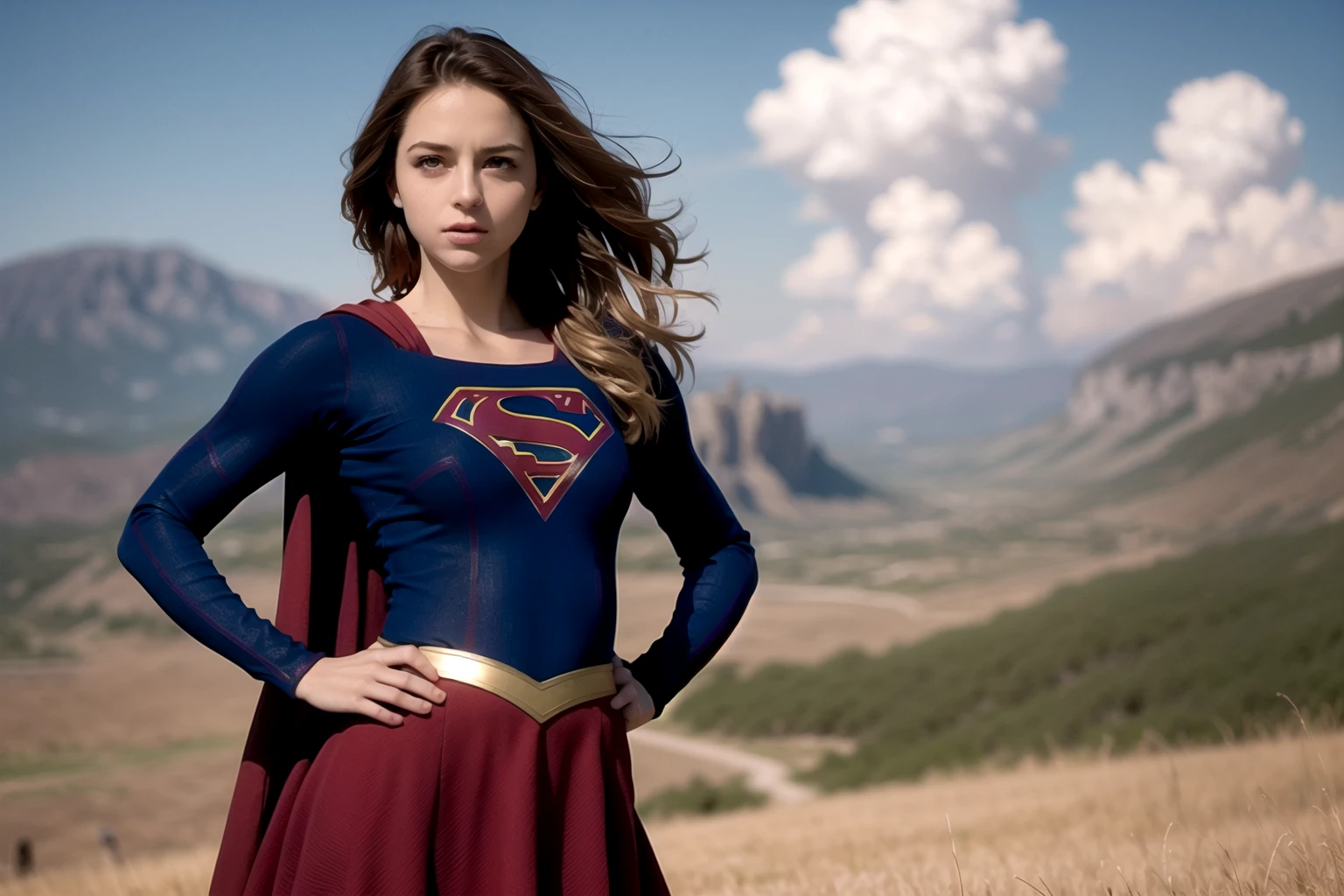 8k, best quality, real picture, intricate details, ultra-detailed, ultra highres, depth field,(photorealistic,realistic:1.2),masterpiece,photo of  european girl, supergirl, blue eyes, blonde hair, long hair, cape, skirt, pantyhose, superhero, hand on hips, solo, sun, blue sky,
best quality, realistic, photorealistic, (intricate details:1.2), (delicate detailed), (cinematic light), clear line, sharp focus, realistic face, detailed face,
unity 8k wallpaper, ultra high res, (photorealistic:1.4), looking at viewer <lora:Supergirl:1>