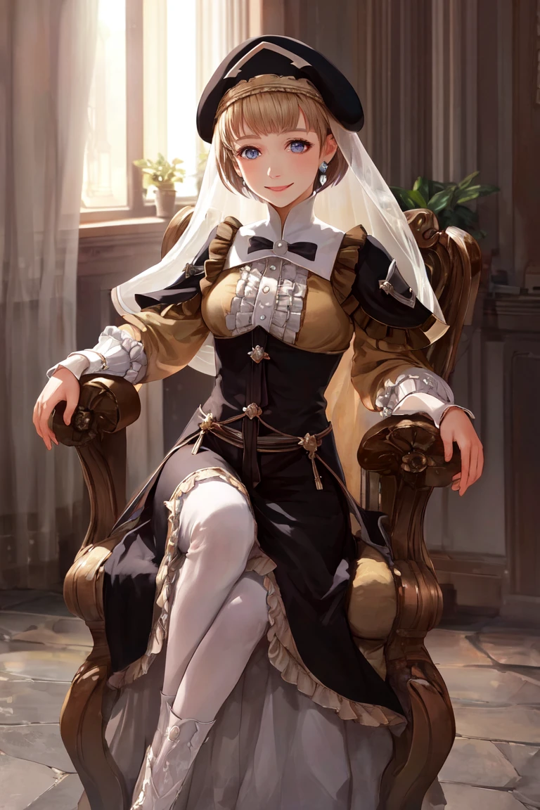 masterpiece, best quality, mercedes_timeskip, short hair, hat, veil, frilled dress, smile, sitting in a chair <lora:mercedes-nvwls-v3-000014:0.9>