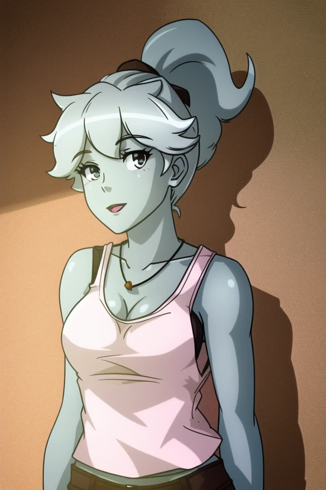 <lora:polly_geist:.6>, polly geist, masterpiece, best quality, 1girl, solo, mature female, tank top, cutoffs, colored skin,