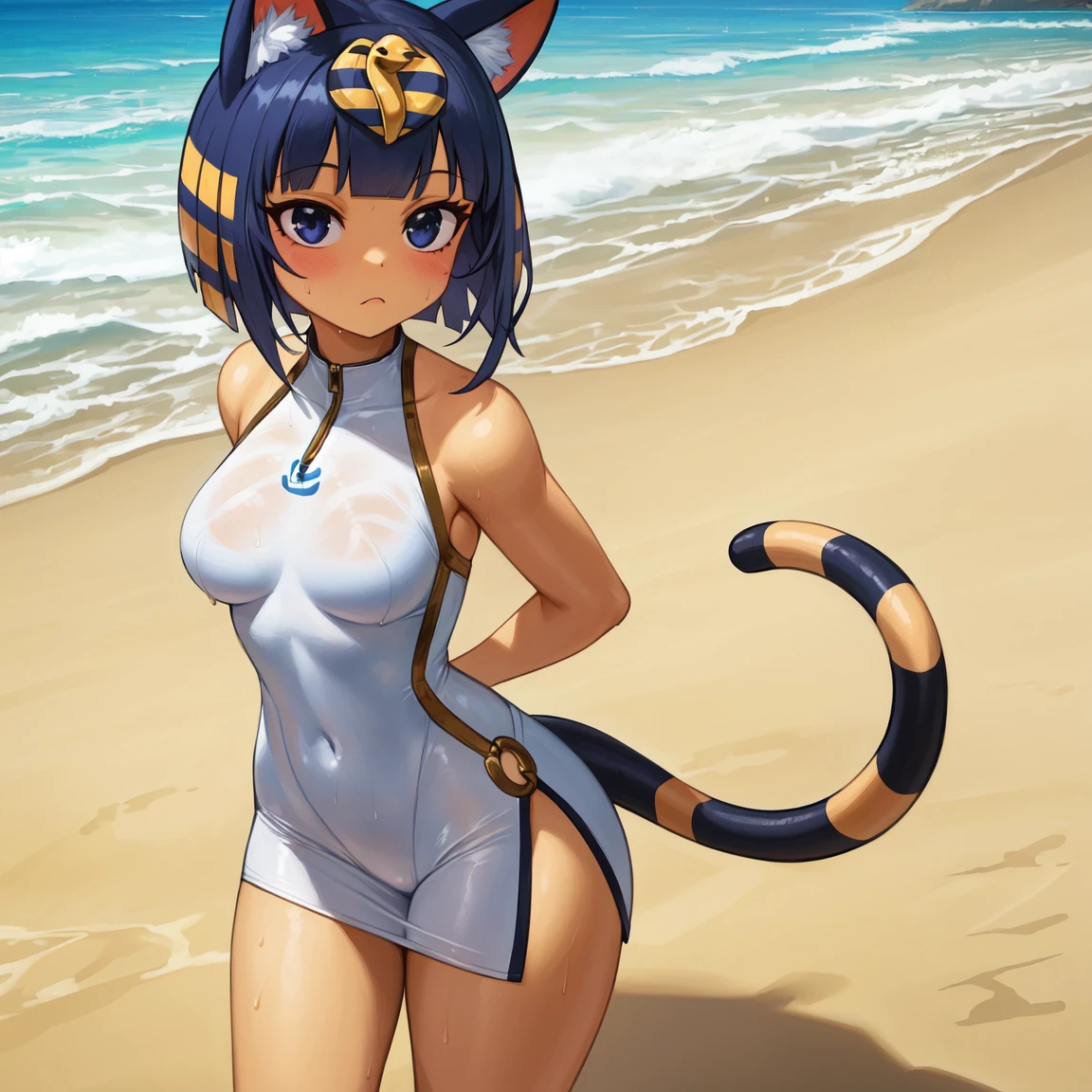 (masterpiece, best quality:1.15), (ankha:1.05), 1girl, solo, (yellow skin:1.05), furry, white dress, medium breasts, tail, looking ahead, arms up, outdoors, surfing spot, beach, waves, board, wetsuit