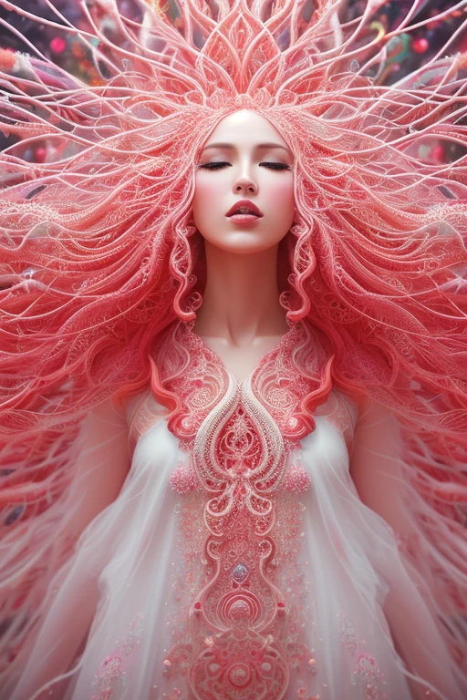 A detailed bright 32k full body abstract photograph of a beautiful woman in a white dress, painted with curly red fluid particles, pastel color palette, James Jean, insane details, very detailed, epic, dramatic, photorealistic, photography, hyperornate details, bokeh, particuls, ultra detail, unreal