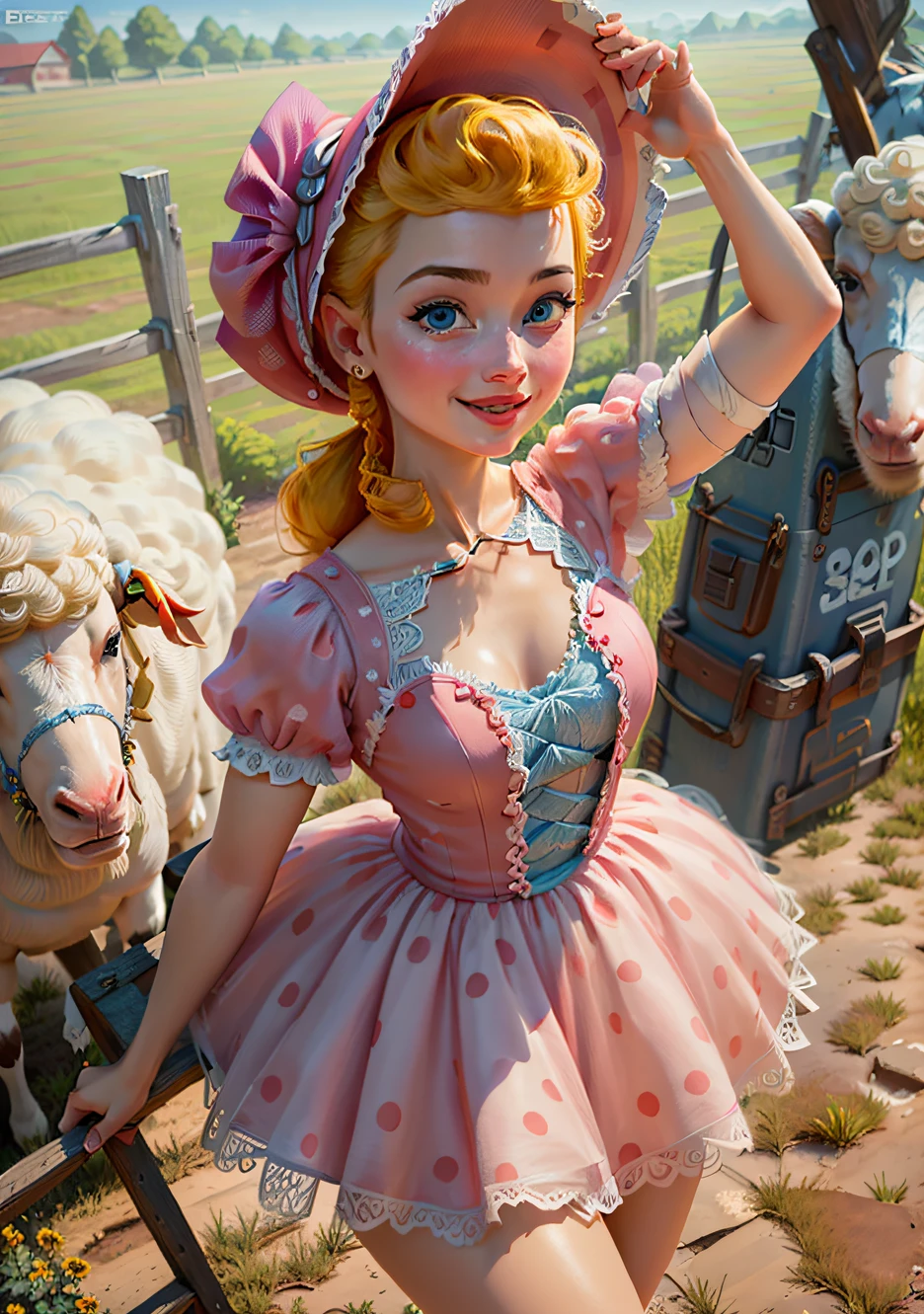 (BoPeepWaifu:1), smile, cute, cute pose, looking at viewer, thick thighs, :D, (pink dress, long skirt, polka dot, headwear:1.2), from above,
(realistic:1.2), (realism), (masterpiece:1.2), (best quality), (ultra detailed), (8k, 4k, intricate),(full-body-shot:1),(Cowboy-shot:1.2), (85mm),light particles, lighting, (highly detailed:1.2),(detailed face:1.2), (gradients), sfw, colorful,(detailed eyes:1.2),
(detailed ladscape, farm, fence, plants, flowers, sheeps:1.2),(detailed background),detailed landscape, (dynamic angle:1.2), (dynamic pose:1.2), (rule of third_composition:1.3), (Line of action:1.2), wide shot, daylight, solo,
 <lora:BoPeep_character-20:0.6>