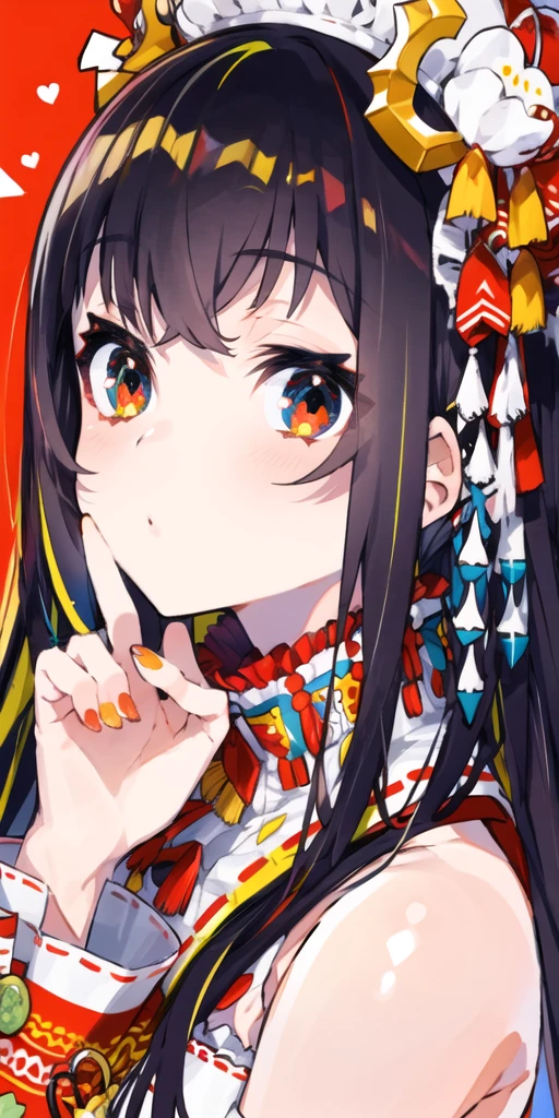 1girl, bangs, black hair, blunt bangs, blush, close-up, closed mouth, dress, eyebrows, eyebrows visible through hair, eyelashes, face, fingernails, flower, food, fruit, gradient, gradient hair, hair between eyes, hair flower, hair ornament, hand to own mouth, hand up, hat, hime cut, japanese clothes, kimono, long fingernails, long hair, long sleeves, looking at viewer, multicolored hair, nail polish, orange, red eyes, red hat, red nails, simple background, solo, tassel, traditional clothes, white background, upper body, frills, bow, ribbon, portrait, floral print, colorful, red background, print hair, <lora:mika_locon_v3l:1>