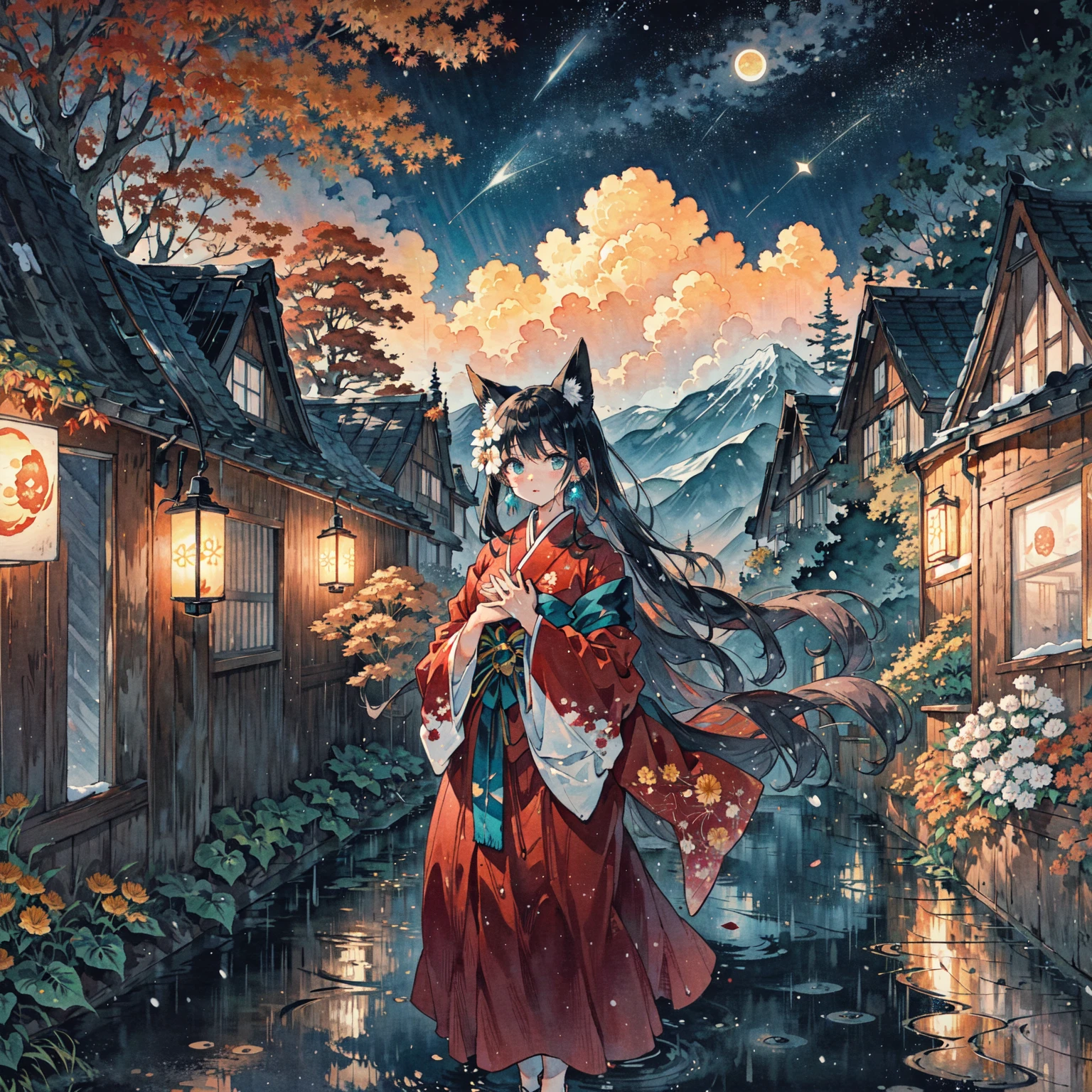 1girl, (fox ears:1.1), shirakami fubuki, looking at viewer, jewelry, ribbon, ribbon-trimmed sleeves, long hair, white, aqua eyes, watercolor (medium), colored pencil (medium), green bow, (blue rose:1.1), earrings, mountain, dusk, autumn leaves, ((autumn)), chinese clothes, clouds, east asian architecture, bird, expressionless, building, red rose, rose, snow, snowflakes, fire, (nagishiro mito:1.2), sky, blue sky, red moon, fox tail, fox mask, red dress, wet, rain, water, white flower, blue flower, yellow flower, shooting star, starry sky, tree, green background, rainbow, blood, house, street, (river:0.8), (ocean:0.8),(waterfall:0.8), hand on own chest, lamppost, lights, (night:1.255), hitodama