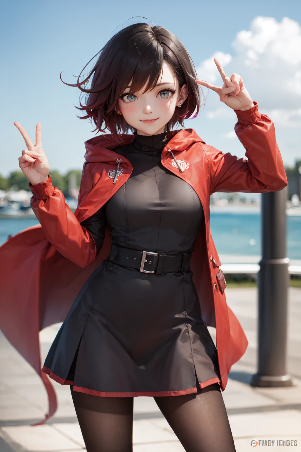 (masterpiece, best quality:1.2), <lora:rwby_rose-10:1>, cowboy shot, solo, 1girl, ruby rose, smile, looking at viewer, peace sign, black dress, long sleeves, red cape, pantyhose, outdoors