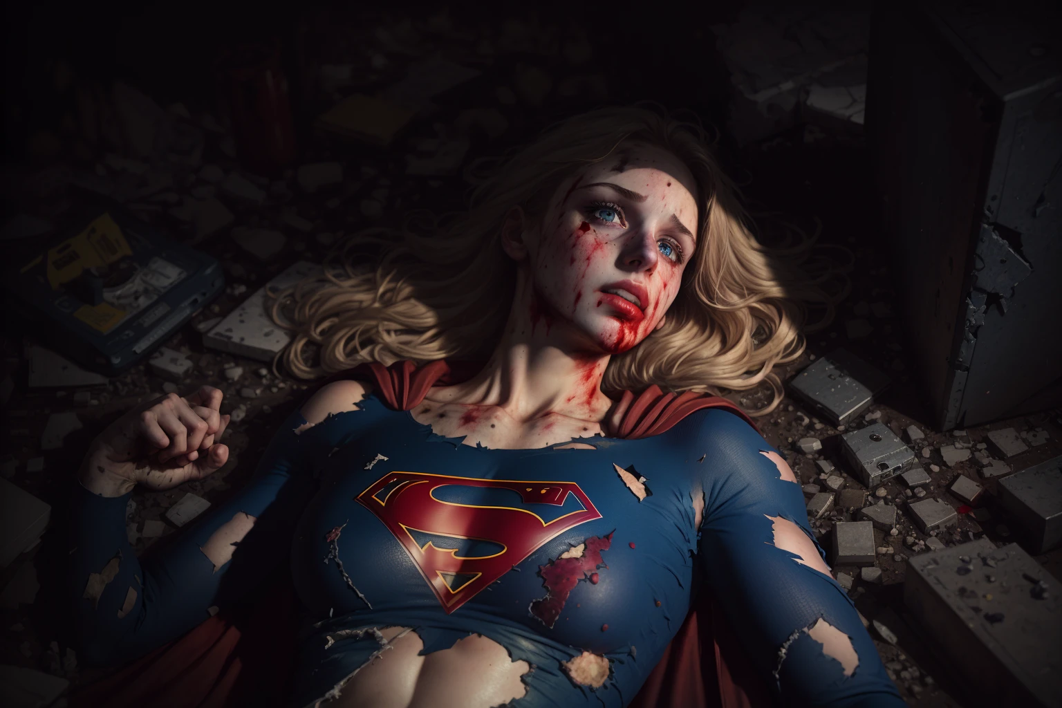 8k, best quality, real picture, intricate details, ultra-detailed, ultra highres, depth field,(photorealistic,realistic:1.2), masterpiece,photo of 1girl, supergirl, wounded, superhero, lying, on back, realistic, red cape, ripped bodysuit, (dirty, bruise,blood:1.3), blue eyes, blonde hair, lips, long hair, solo, (revealing ripped clothes, torn clothes:1.3), ruined city background, moody and melancholic atmosphere with black background by lee jeffries, nikon d850, film stock, photograph 4 kodak portra 400 camera f1.6 lens, rich colors, hyper realistic, lifelike texture, dramatic lighting, unreal engine, trending on artstation, cinestill 800 <lora:Supergirl:1>