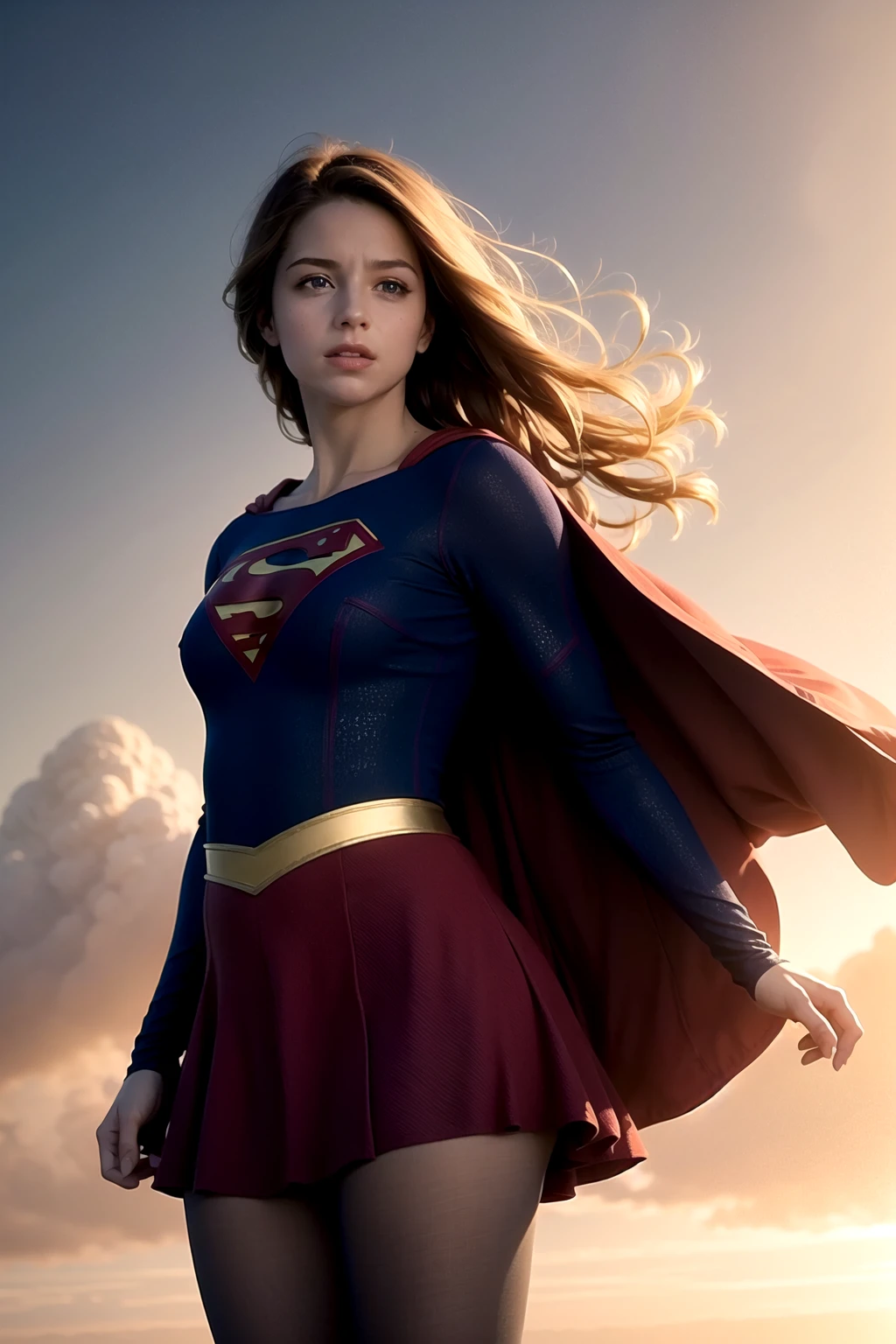 8k, best quality, real picture, intricate details, ultra-detailed, ultra highres, depth field,(photorealistic,realistic:1.2),masterpiece,photo of european girl, supergirl, blue eyes, blonde hair, long hair, cape, skirt, pantyhose, superhero, solo, sun, blue sky,
best quality, realistic, photorealistic, (intricate details:1.2), (delicate detailed), (cinematic light), clear line, sharp focus, realistic face, detailed face,
unity 8k wallpaper, ultra high res, (photorealistic:1.4), looking at viewer <lora:Supergirl:1>
