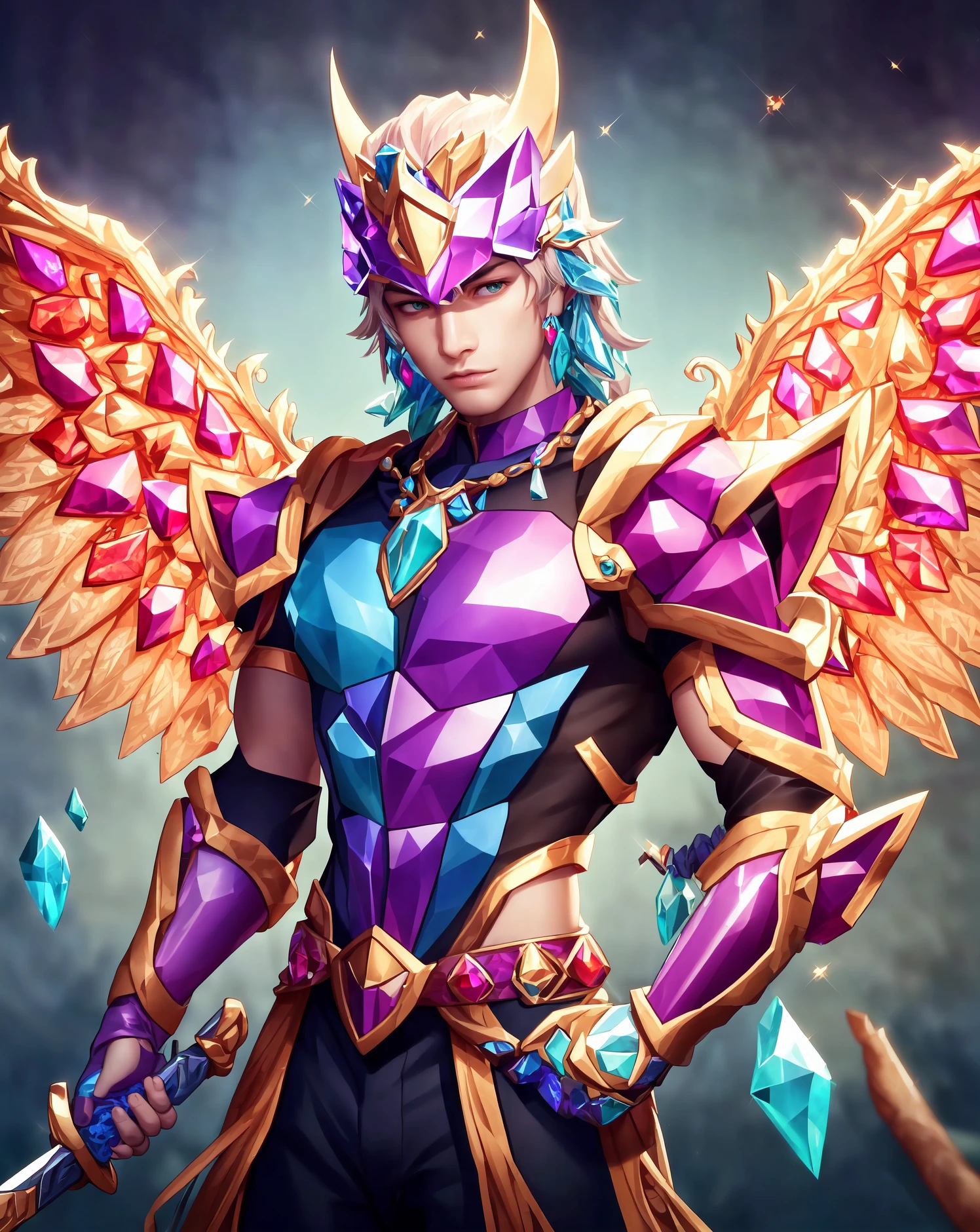 highres render, photo, realistic,8k, extreme detail, perfect face,absurdres, goddess, (masterpiece, best quality), <lora:gemstoneai_v10:0.9>,GemstoneAI ,1boy, wearing detailed gemstone mediveal armor , cowboy shot, standing in forest, holding sword, gemstone wings, hovering gems, helmet, large shoulderpads