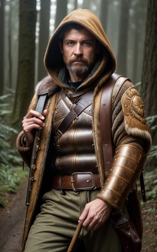 (Award Winning Photo:1.3) of (Masterpiece:1.3), a man, ranger in rainy wood, fur hooded, leather armor with backpack (high detailed skin:1.2), 8k, uhd, dslr, soft lighting, high quality, film grain, Fujifilm XT3, epic, intricate details, hyperdetailed, Highly Detailed