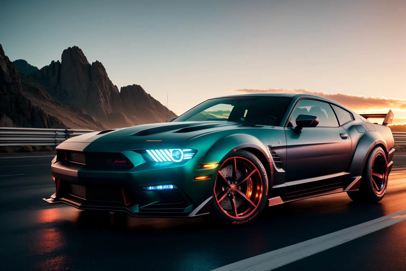 dark and gloomy 8k photo, cyberpunk muscle car, action shot, sunset, detailed, detailed face, (vibrant, photo realistic, realistic, dramatic, dark, sharp focus, 8k)