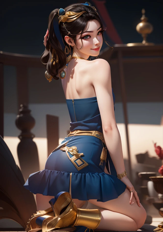 yuanyao,1girl ,solo,(Dynamic pose:1.5) (masterpiece:1.5), (best quality:1.5), long black hair,blue eyes,light smile,Neck ring,gradient background,(huge breasts), white background, Gold jewelry, blue_dress, closed_mouth, bangle, looking_at_viewer, upper_body, necklace, earrings <lora:YuanYao_v7:0.7:OUTD> <lora:YuanYao_v6:0.3:MIDD>