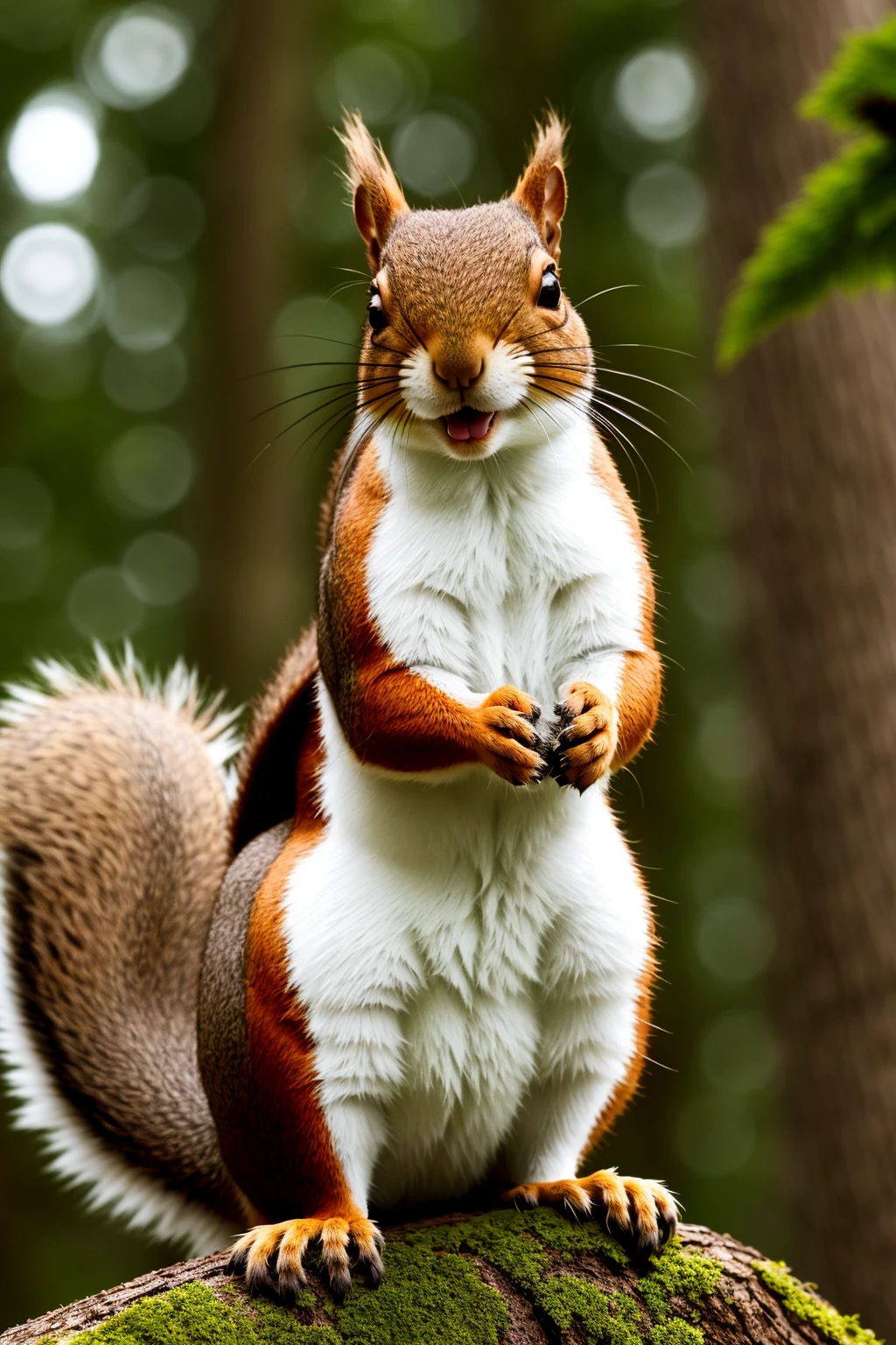 (Squirrel), dress, in a jump, dichotomy, (realistic fur, detailed fur texture:1.2), detailed background, wilderness background, photorealistic, hyperrealistic, ultradetailed, professional photography