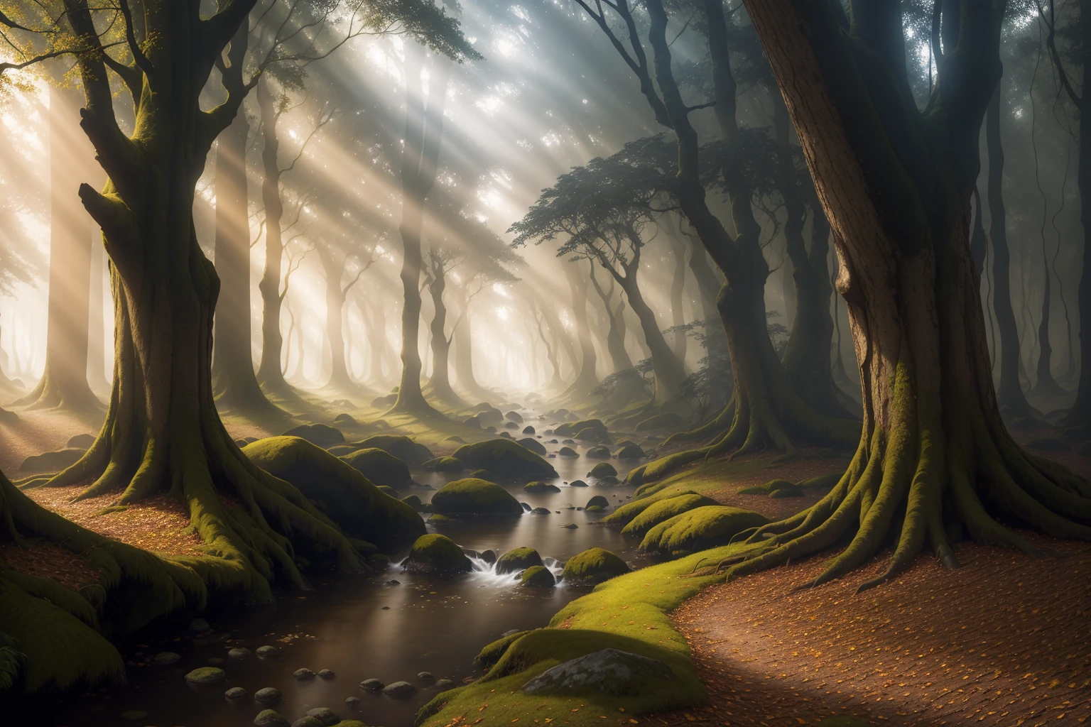 A serene, misty forest filled with ancient trees and peaceful streams, where shafts of golden light filter down through the canopy.