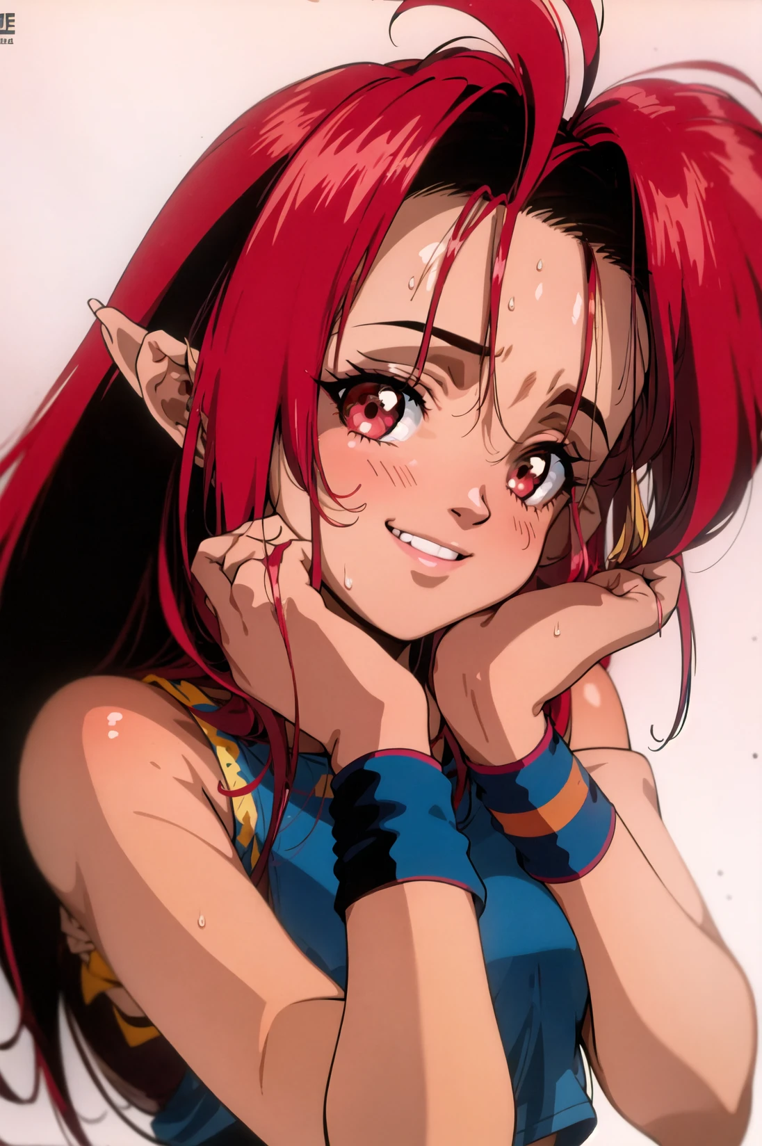 1990s \(style\), mylene flare jenius, 1girl, headband, long hair, looking at viewer, orange hair, red eyes, shirt, smile, solo, sweatband, upper body, wristband <lora:90sv1.6R:0.6>