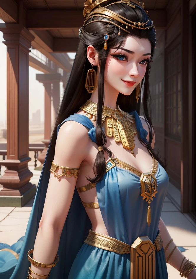 yuanyao,1girl , masterpiece, best quality, long black hair,blue eyes,light smile,Neck ring,gradient background,(huge breasts:0.5), white background, Gold jewelry, blue_dress, closed_mouth, bangle, looking_at_viewer, upper_body, necklace, earrings <lora:YuanYao_v7:0.7:OUTD> <lora:YuanYao_v6:0.3:MIDD>