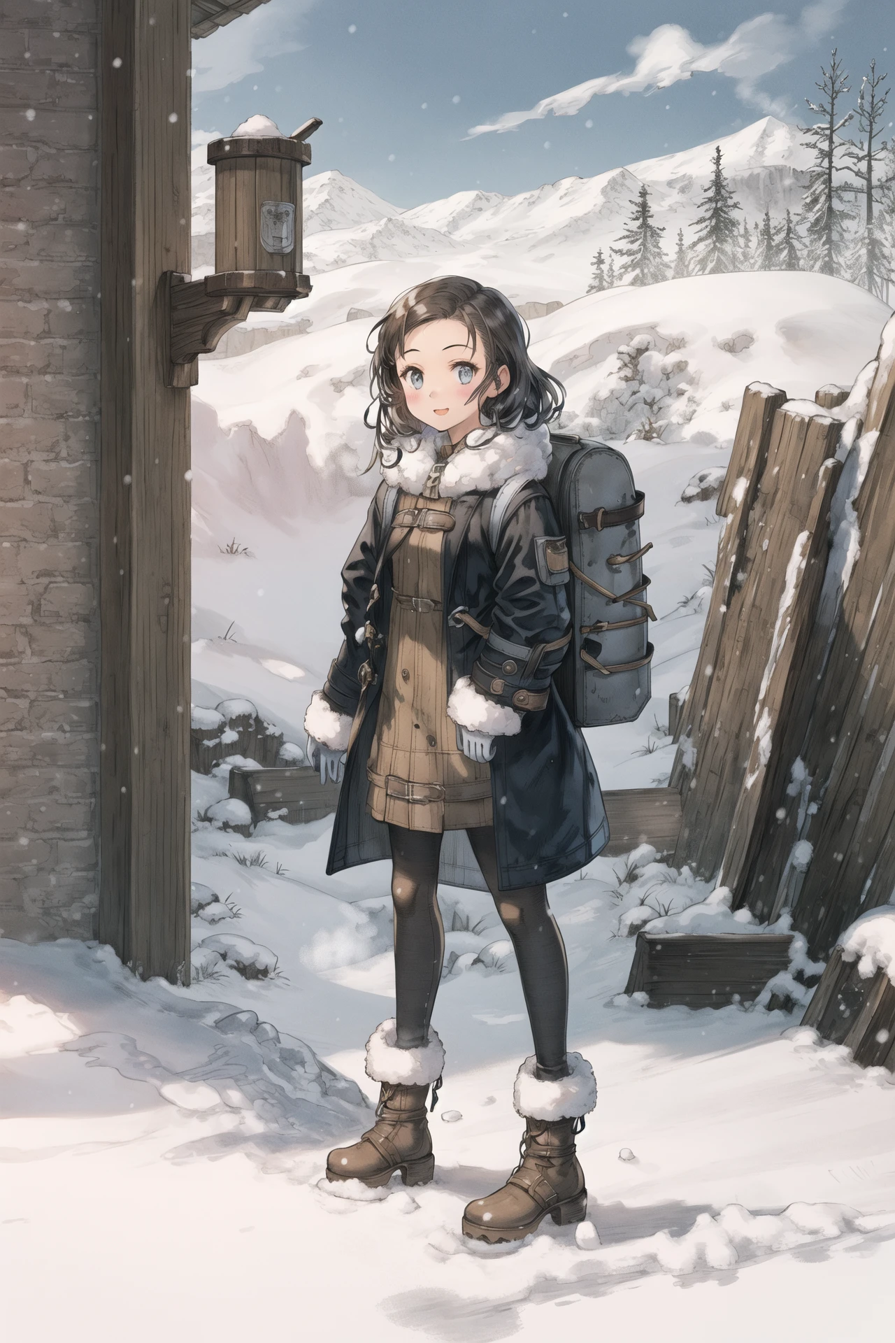 masterpiece,best quality,nostalgic,illustration, 1girl, solo, adventurer,winter,(face:1.2),snow,steam,landscape,Wooden backpack,long coat,