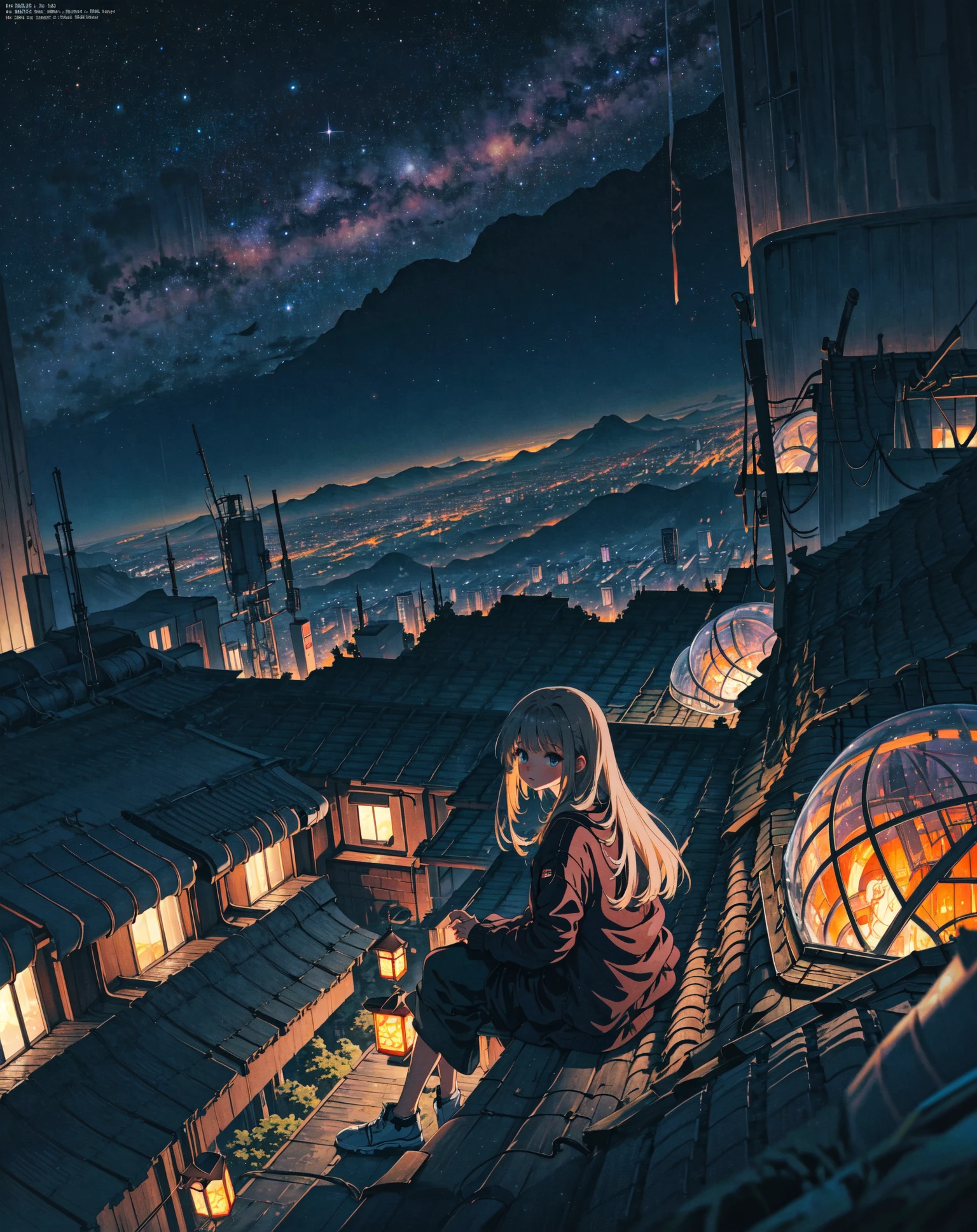 best quality, masterpiece, extremely detailed, detailed background, anime, 1girl, young girl, short girl, sci-fi, science fiction, outdoors, night, starry sky, greenhouse, megastructure, bio-dome, landscape, scenery, horizon, rooftop, sitting on rooftop, wind, looking away, atmospheric lighting, solo focus, close up, from side, depth of field, bokeh