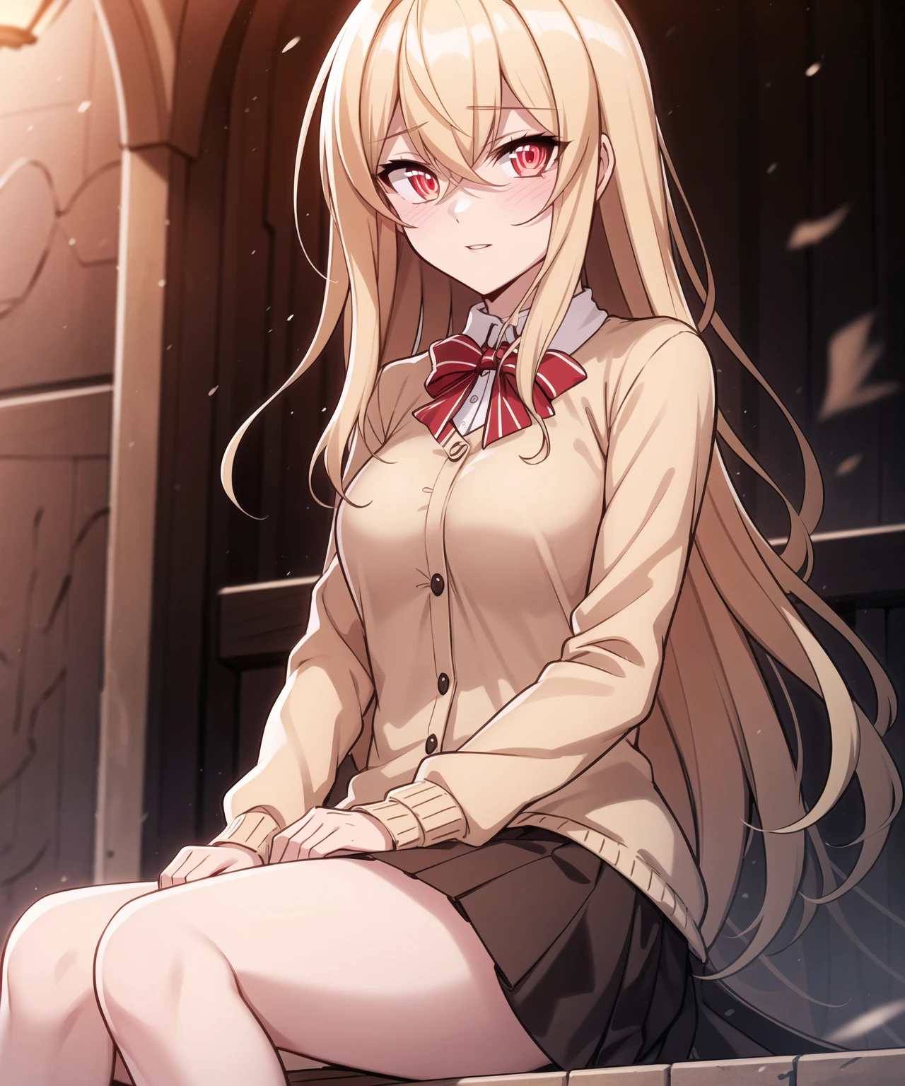 masterpiece, best quality, ultra-detailed, illustration, warm lighting, bright colors, 8K wallpaper, 1girl, solo, 1girl,solo, school uniform, light smile, sitting, outdoors, <lora:mors:0.7>