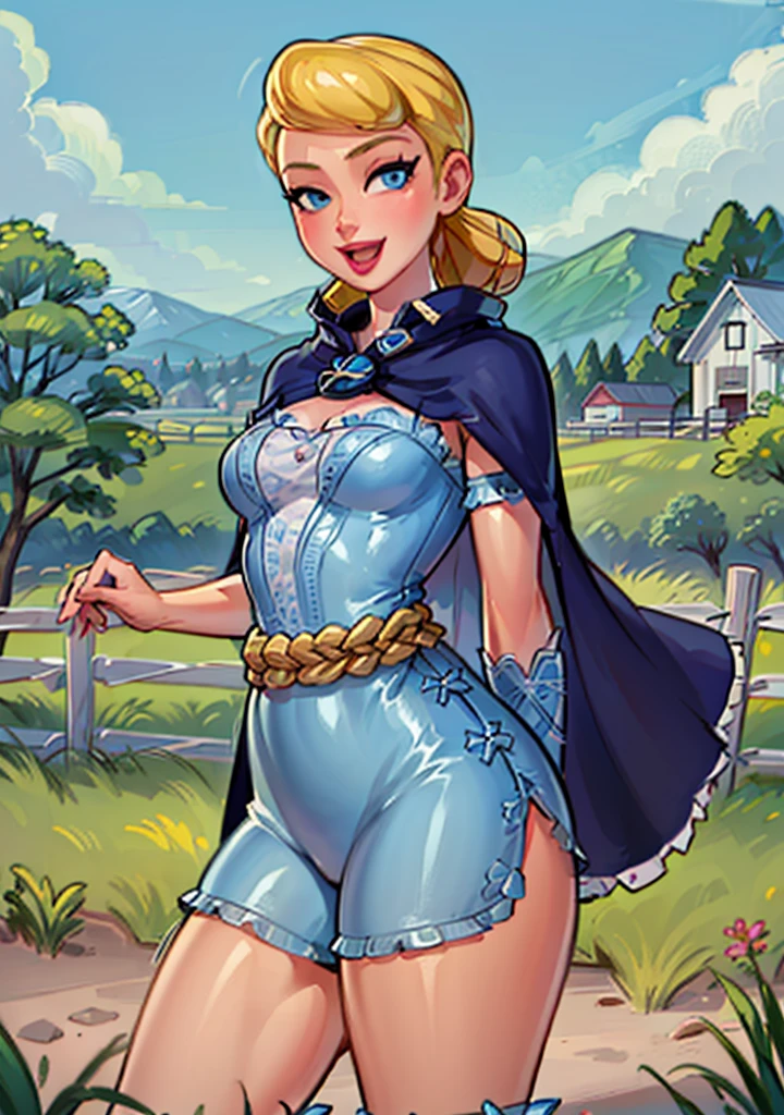(BoPeepWaifu:1), smile, cute, cute pose, looking at viewer, thick thighs, :D, (blue dress, cape:1.2), 
(realistic:1.2), (realism), (masterpiece:1.2), (best quality), (ultra detailed), (8k, 4k, intricate),(full-body-shot:1),(Cowboy-shot:1.2), (85mm),light particles, lighting, (highly detailed:1.2),(detailed face:1.2), (gradients), sfw, colorful,(detailed eyes:1.2),
(detailed ladscape, farm, fence, plants, flowers:1.2),(detailed background),detailed landscape, (dynamic angle:1.2), (dynamic pose:1.2), (rule of third_composition:1.3), (Line of action:1.2), wide shot, daylight, solo,
 <lora:BoPeep_character-20:0.6>  <lora:reiqStyleLORA_v2:0.6>