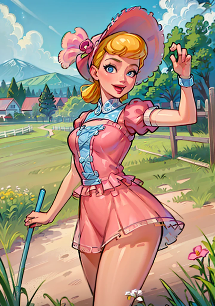 (BoPeepWaifu:1), smile, cute, cute pose, looking at viewer, thick thighs, :D, (pink dress, long skirt, polka dot, puffy short sleeves, pink headwear:1.2),
(realistic:1.2), (realism), (masterpiece:1.2), (best quality), (ultra detailed), (8k, 4k, intricate),(full-body-shot:1),(Cowboy-shot:1.2), (85mm),light particles, lighting, (highly detailed:1.2),(detailed face:1.2), (gradients), sfw, colorful,(detailed eyes:1.2),
(detailed ladscape, farm, fence, plants, flowers:1.2),(detailed background),detailed landscape, (dynamic angle:1.2), (dynamic pose:1.2), (rule of third_composition:1.3), (Line of action:1.2), wide shot, daylight, solo,
<lora:BoPeep_character-20:0.6> <lora:reiqStyleLORA_v2:0.6>